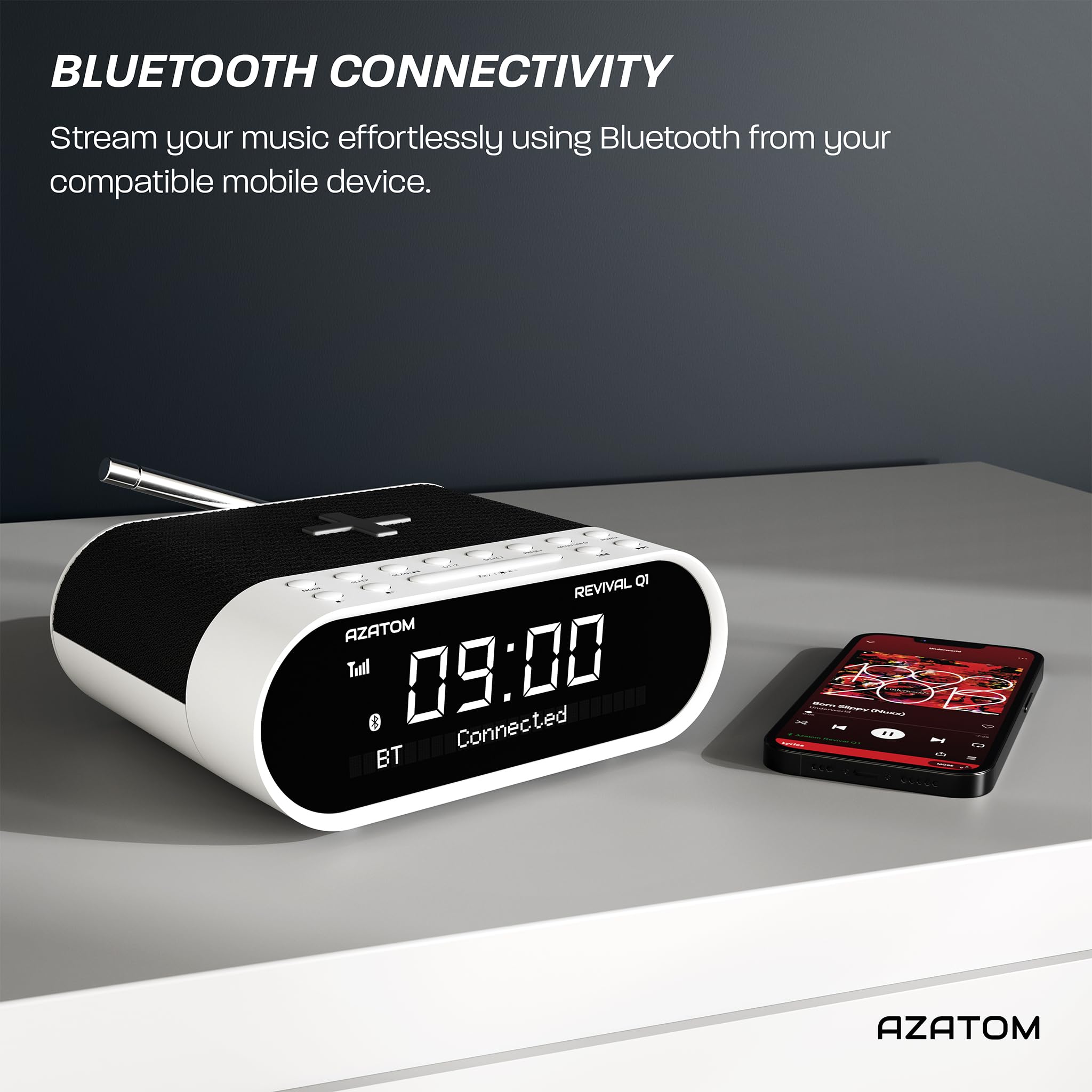 AZATOM Revival Q1 White DAB+ Digital FM Clock Radio with Bluetooth, Dual Alarm, Wireless Charging, Sleep Timer - Bedroom Alarm Clock with USB/AUX Ports for Phones & Headphones | Perfect for Home, Office, Nightstand Use
