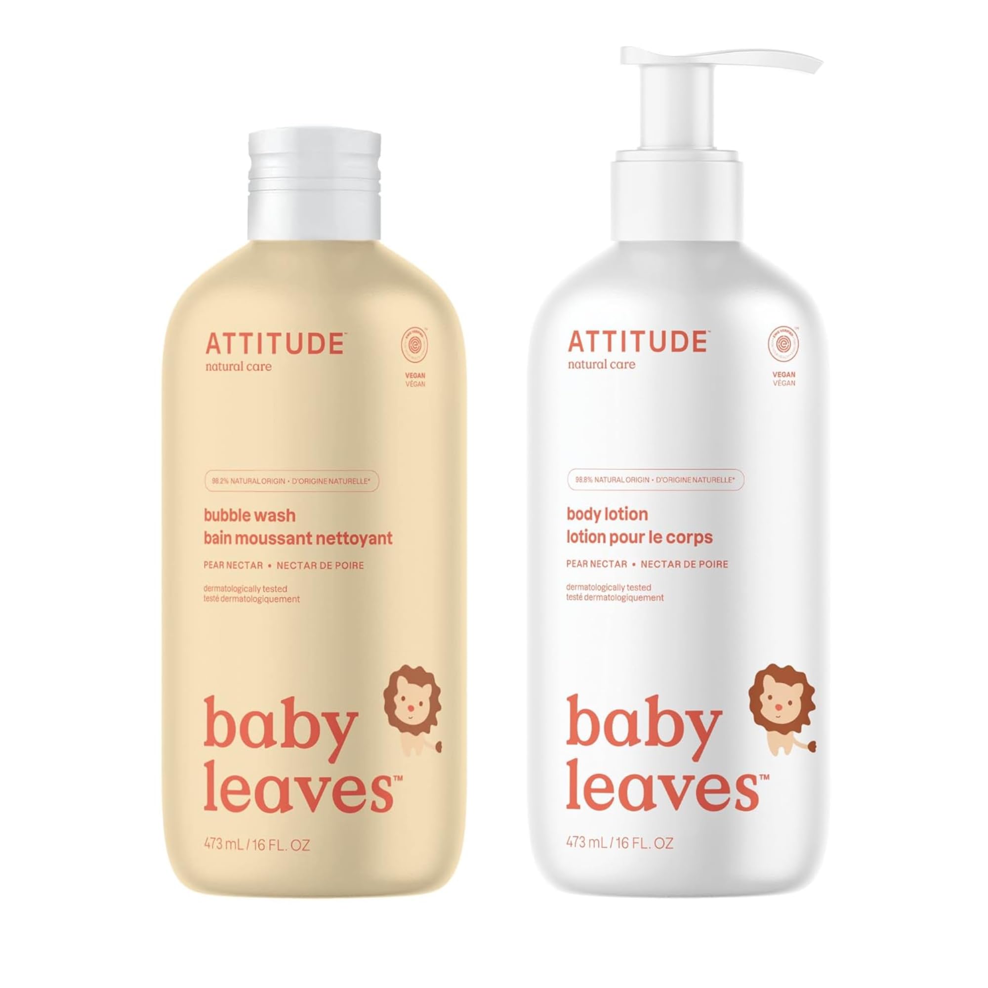ATTITUDE Bubble Body Wash & Lotion Set for Babies - EWG Verified, Dermatologist Tested, Vegan & Plant-Based (Pear Nectar Scent, 16 Fl Oz) | Gentle Skincare for Newborns & Sensitive Skin | Perfect for Daily Bath Time & Moisturizing Routine