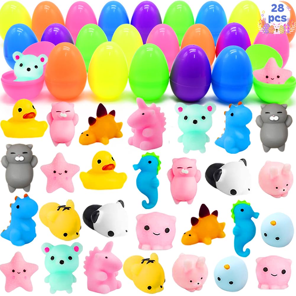28Pcs Easter Eggs Filled with Mochi Squishy Toys - Mini Kawaii Animal Stress Relief Toys for Kids - Perfect for Easter Egg Hunts, Basket Stuffers, Classroom Gifts & Party Favors - Fun Sensory Play & Relaxation Toys for Children