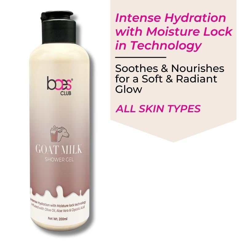 Baes Club Goat Milk Shower Gel with Olive Oil & Glycolic Acid - Hydrating & Nourishing Body Wash for Smooth Skin, Long Lasting Fragrance, 200ml - Perfect for Daily Shower & Spa Relaxation at Home