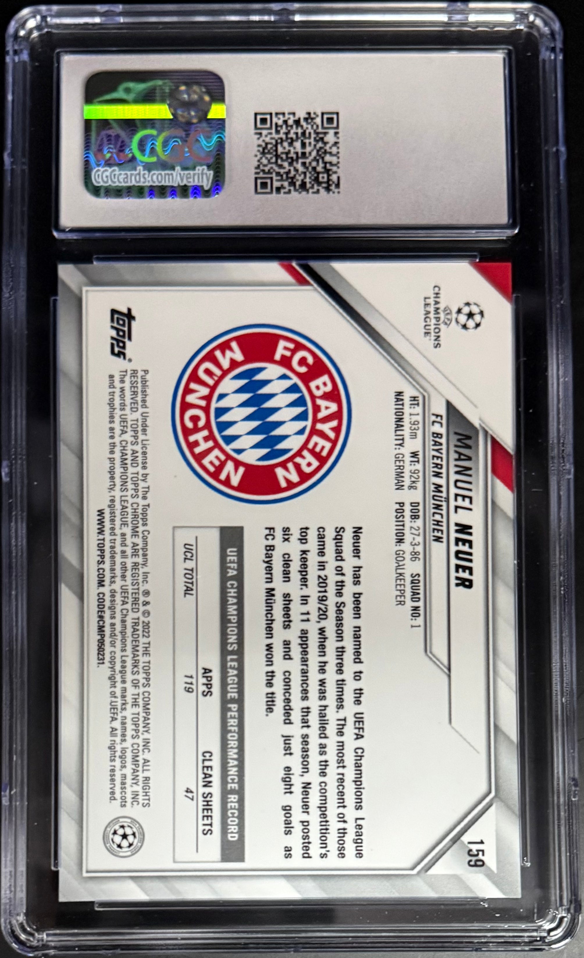 2021-22 Topps Chrome UEFA Champions League Manuel Neuer #159 Base Card CGC 9.5 - Perfect for Soccer Collectors & Bayern Munich Fans