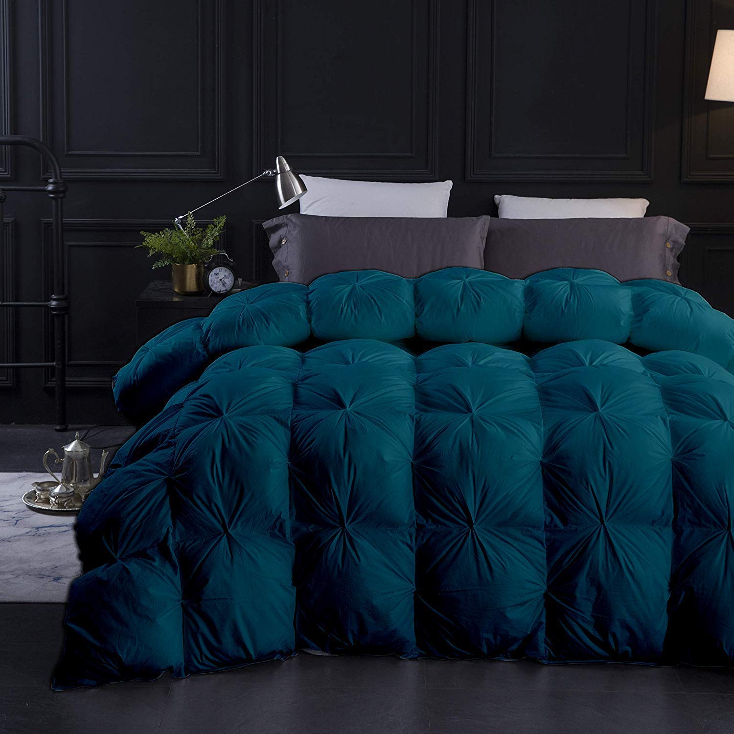 600 GSM All-Season 3-Piece Quilted Pinch Pleated Comforter Set - 100% Cotton Duvet Insert with 2 Pillowcases (Oversized Queen, Teal Green) for Cozy Bedroom Decor & Luxury Hotel-Style Comfort
