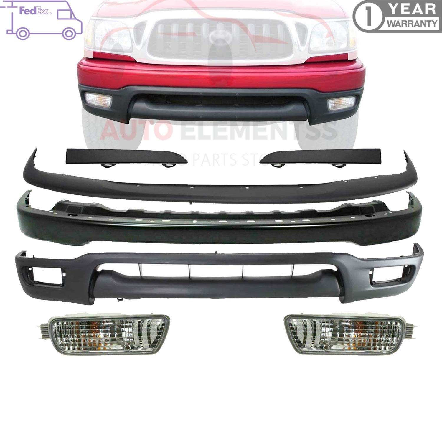 2001-2004 Toyota Tacoma Front Bumper Replacement Kit - Paintable Bumper, Primed Lower Valance, Upper Cover, Headlight Filler & Signal Lights (Right Passenger & Left Driver Side) | Direct Fit OEM Replacement for Pickup Trucks | Perfect for Off-Roading & Daily Commuting