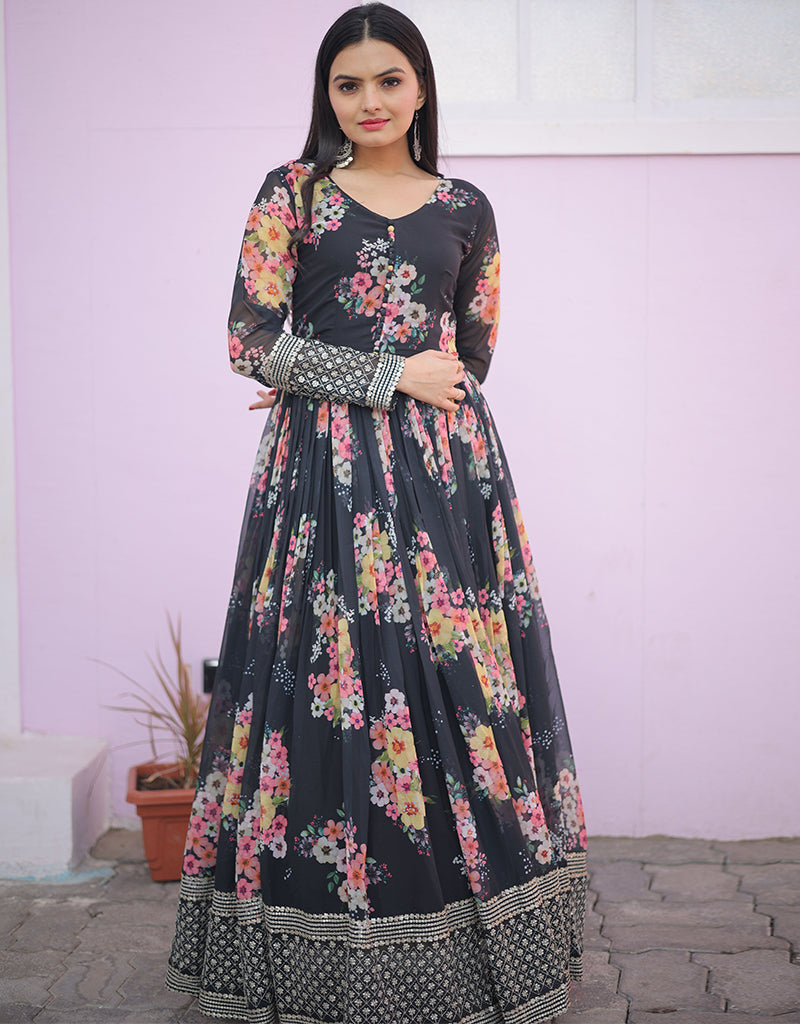 Stylish Black Faux Georgette Party Gown for Women - Elegant Evening Dress for Prom, Cocktail Parties & Special Occasions