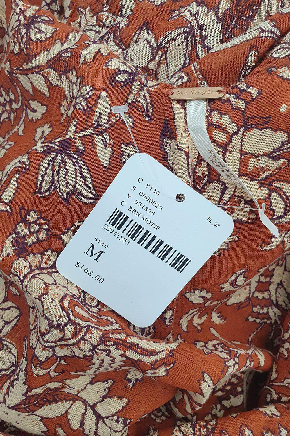FREE PEOPLE 100% Cotton Brown Floral Print Maxi Dress for Women - Boho Chic Summer Beach Dress, Casual Sundress for Vacations & Outdoor Parties (Size M)