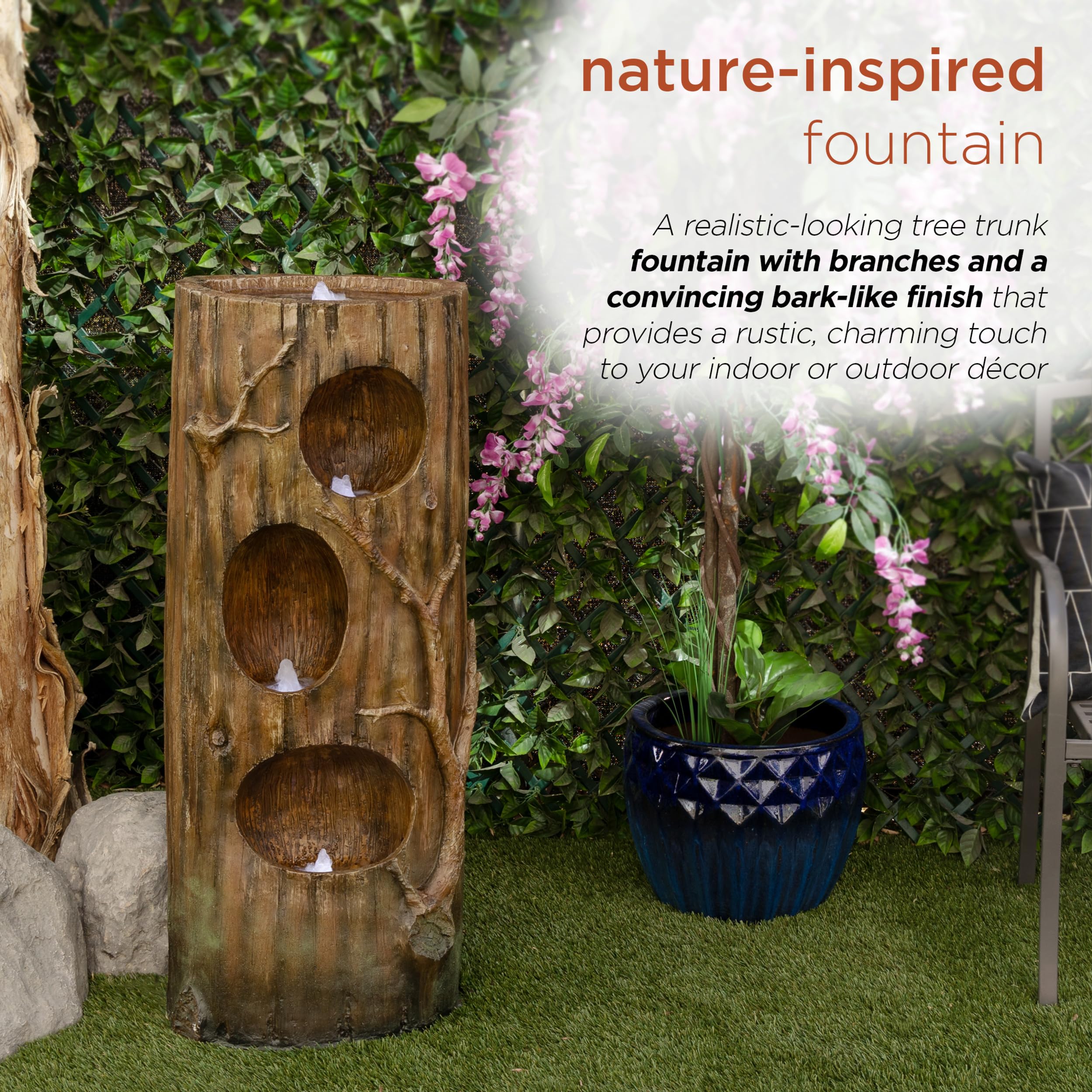 Alpine Corporation 4-Tier Tree Trunk Water Fountain with LED Lights - Outdoor Garden Decor, Patio Waterfall Feature for Relaxing Backyard Ambience