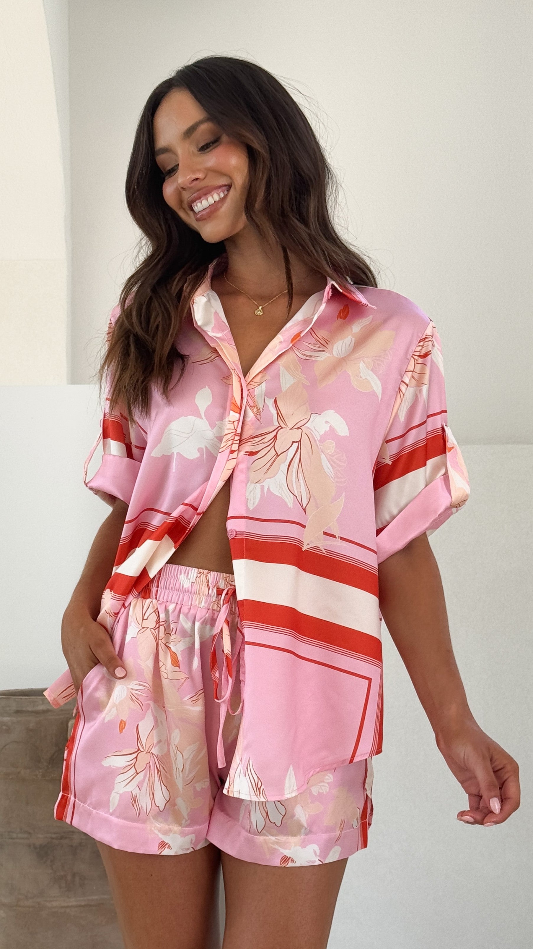 Alma Shorts for Women - Stylish Pink and White Printed Casual Shorts | Perfect for Summer, Beach, and Lounge Wear