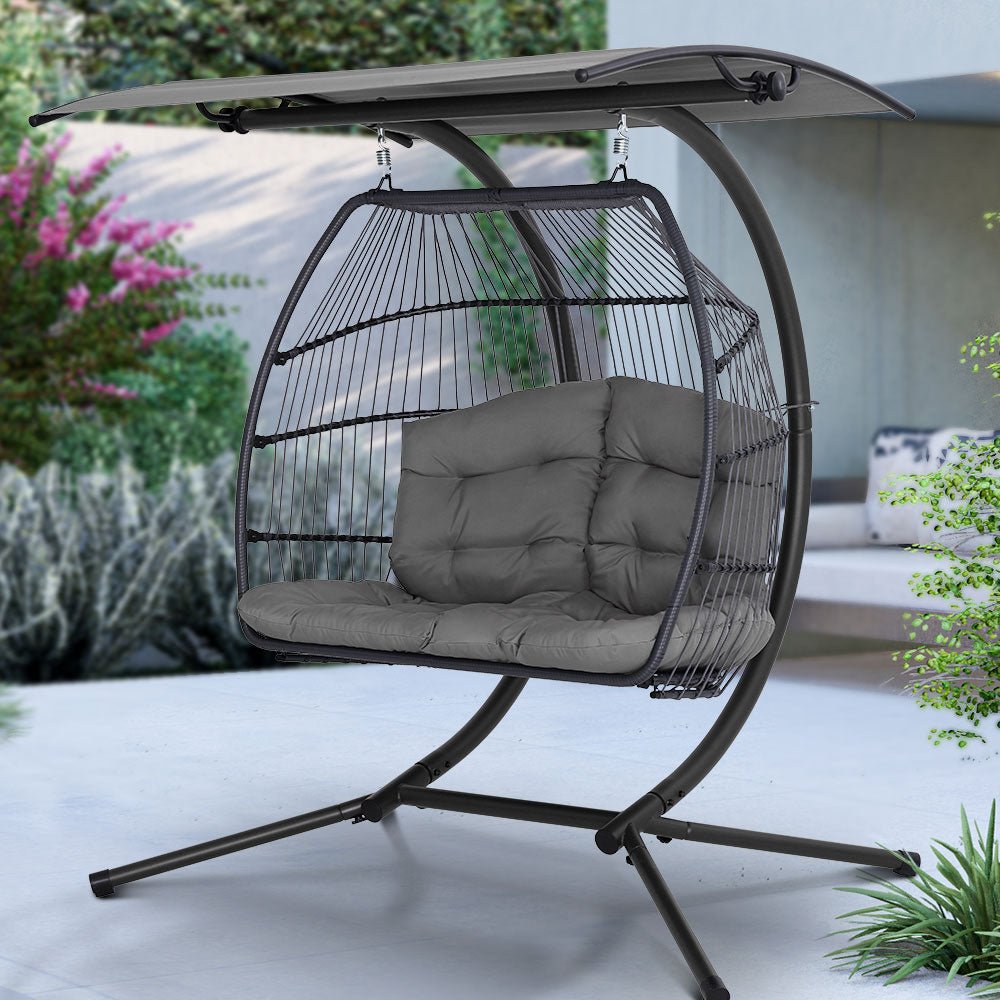 Grey Double Wicker Hanging Swing Chair with Stand - Outdoor Patio, Garden, Balcony Relaxation Chair for Backyard & Porch