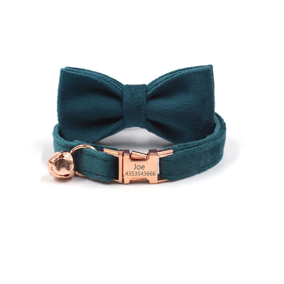 **Custom Personalized Cat Collar - Velvet Adjustable Kitten Collar with Bell & Bow Tie - Engraved Nameplate for Small Dogs & Puppies (Size S: 16-26cm, Green) - Perfect for Gifts, Pet Parties & Daily Walks**