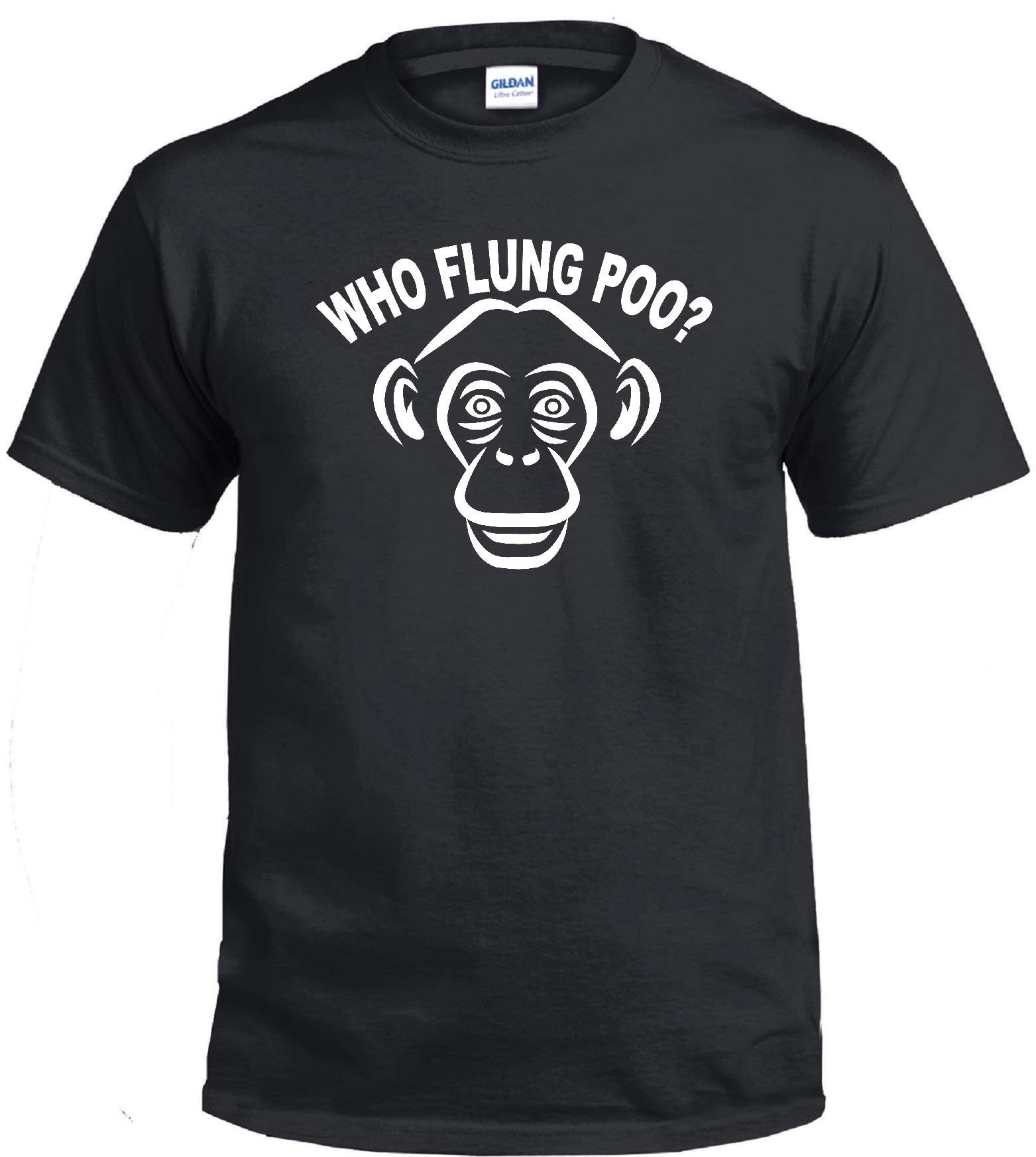 Funny Who Flung Poo Chimp Black T-Shirt - Cool Graphic Tee for Animal Lovers & Pranksters - Perfect for Casual Wear, Gifts, and Humorous Occasions