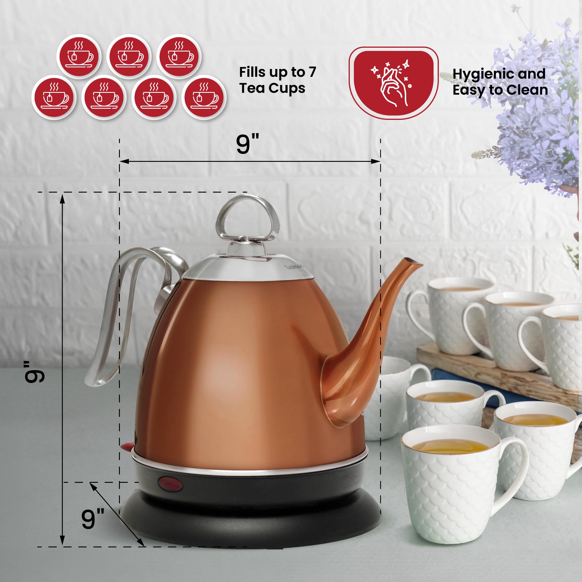 Chantal Mia 32 oz Electric Kettle - Fast Boiling, Auto Shut-Off, Copper Finish - Perfect for Tea, Coffee & Office Use