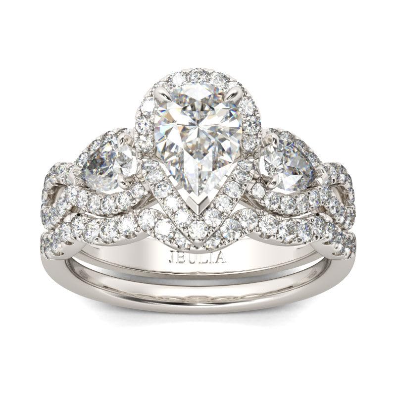 Jeulia 3 Carat Pear Cut Cubic Zirconia Wedding Ring Set - 925 Sterling Silver Three Stone Engagement Ring with Halo Twist Design for Women - Perfect for Anniversary, Proposal & Special Occasions