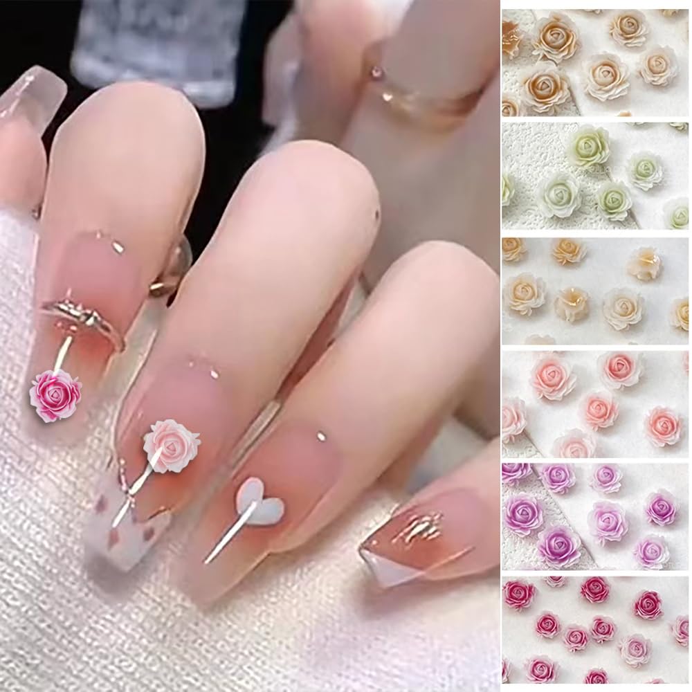 100PCS 3D Flower Nail Charms - Red Pink Purple Green Resin Acrylic Rose Nail Art Decorations for DIY Manicure | Spring & Mother's Day Nail Design for Women & Girls | Perfect for Parties, Weddings, and Special Occasions