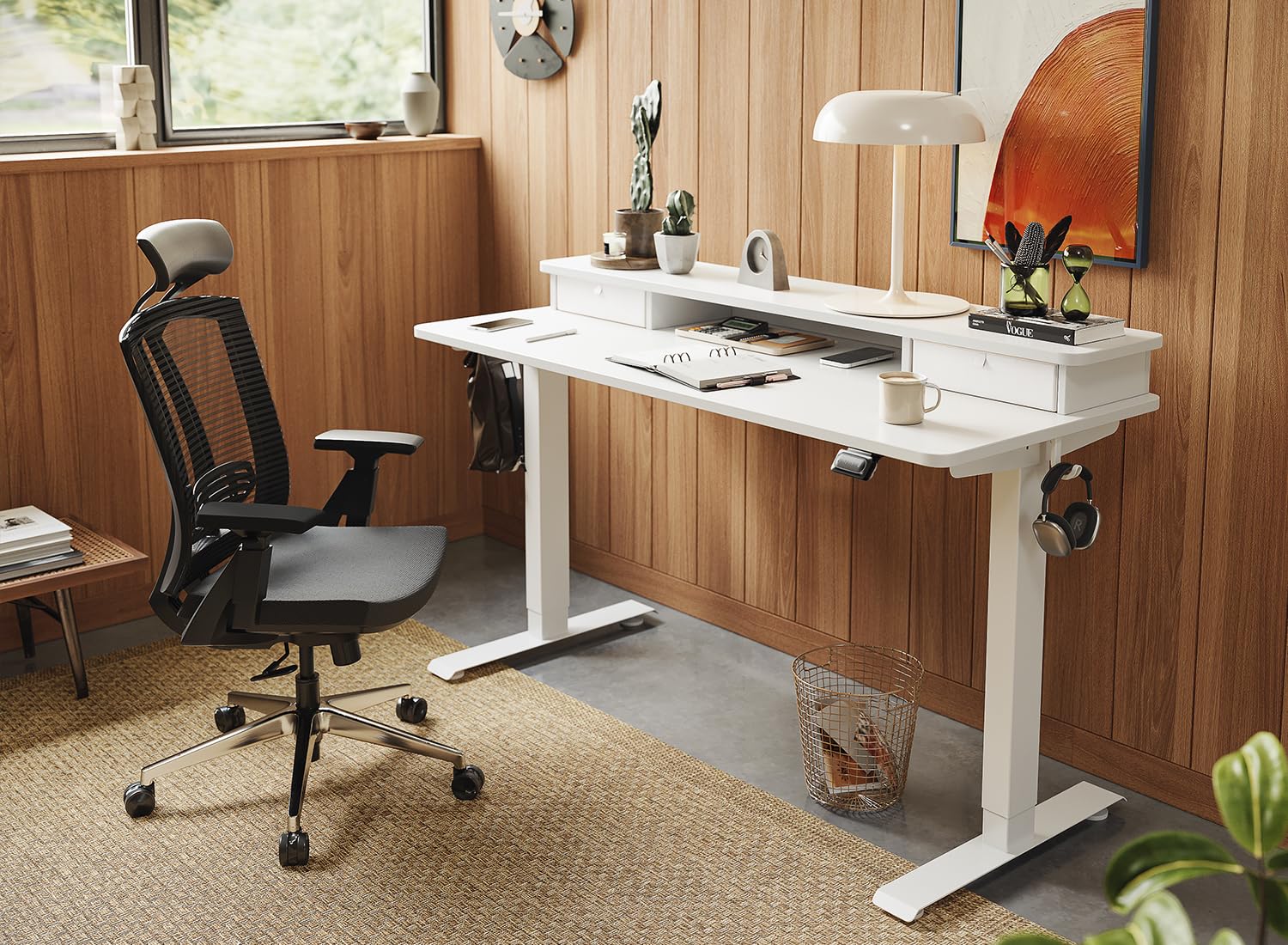 FEZIBO 60 x 24 Inch Electric Height Adjustable Standing Desk with Double Drawers & Storage Shelf - White Frame & White Top - Perfect for Home Office, Gaming & Workspace Ergonomics