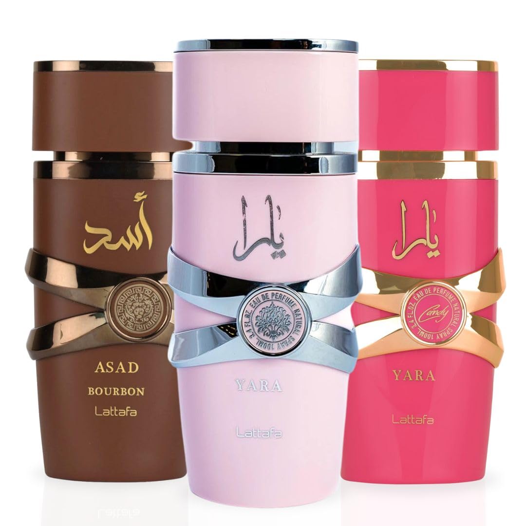 LATTAFA Yara, Yara Candy & Asad Bourbon EDP Perfume Spray Trio Set - 100ml (3.4oz) Sweet Fruity Floral Fragrances for Women, Long Lasting Luxury Scent Gift Set - Perfect for Date Night, Parties & Special Occasions