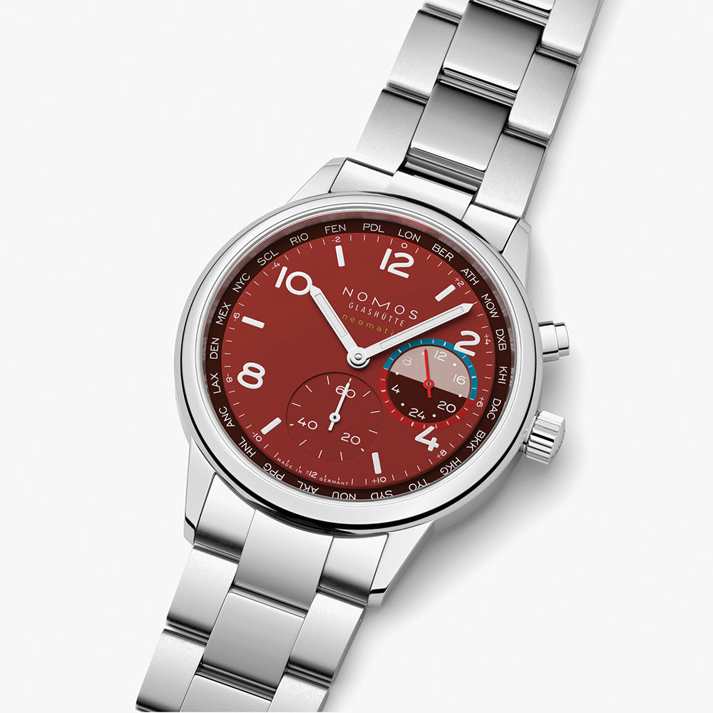 NOMOS Club Sport Neomatik Worldtimer Limited Edition 40mm Watch with Magma Dial & Stainless Steel Bracelet - Perfect for Travelers and Luxury Watch Collectors
