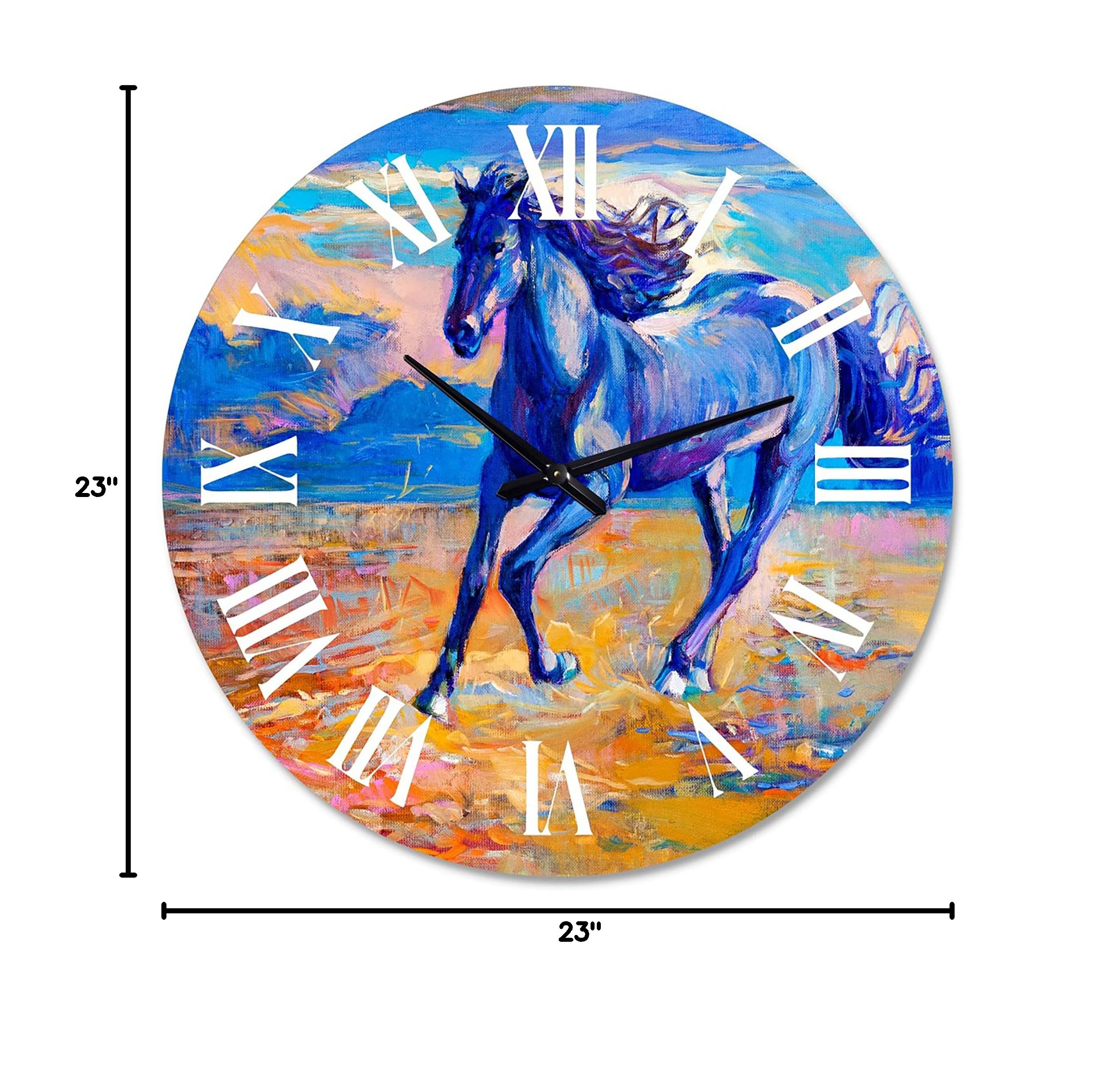 Farmhouse Wall Clock - Large Blue Horse Galoping Over Prairie Design, Rustic Animal Wall Decor for Kitchen, Living Room, Bedroom & Office | Perfect Country Home Decoration