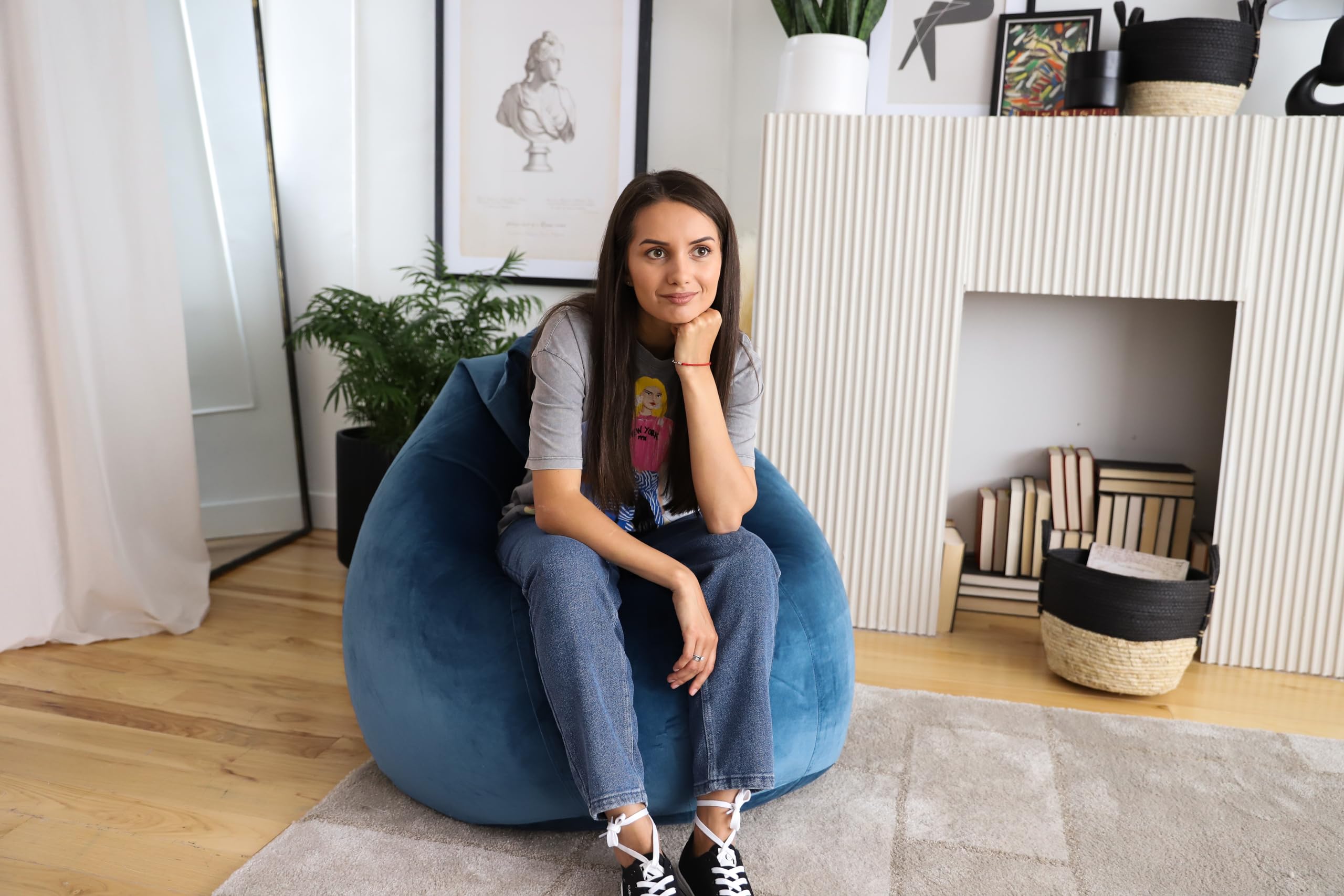 Ultra Soft Velvet Blue Dojo Teardrop Bean Bag Chair for Adults & Teens - Giant Filled Bean Bag with Double Stitching & Easy Clean Fabric - Perfect for Gaming Rooms, Dorm Lounges & Cozy Home Decor