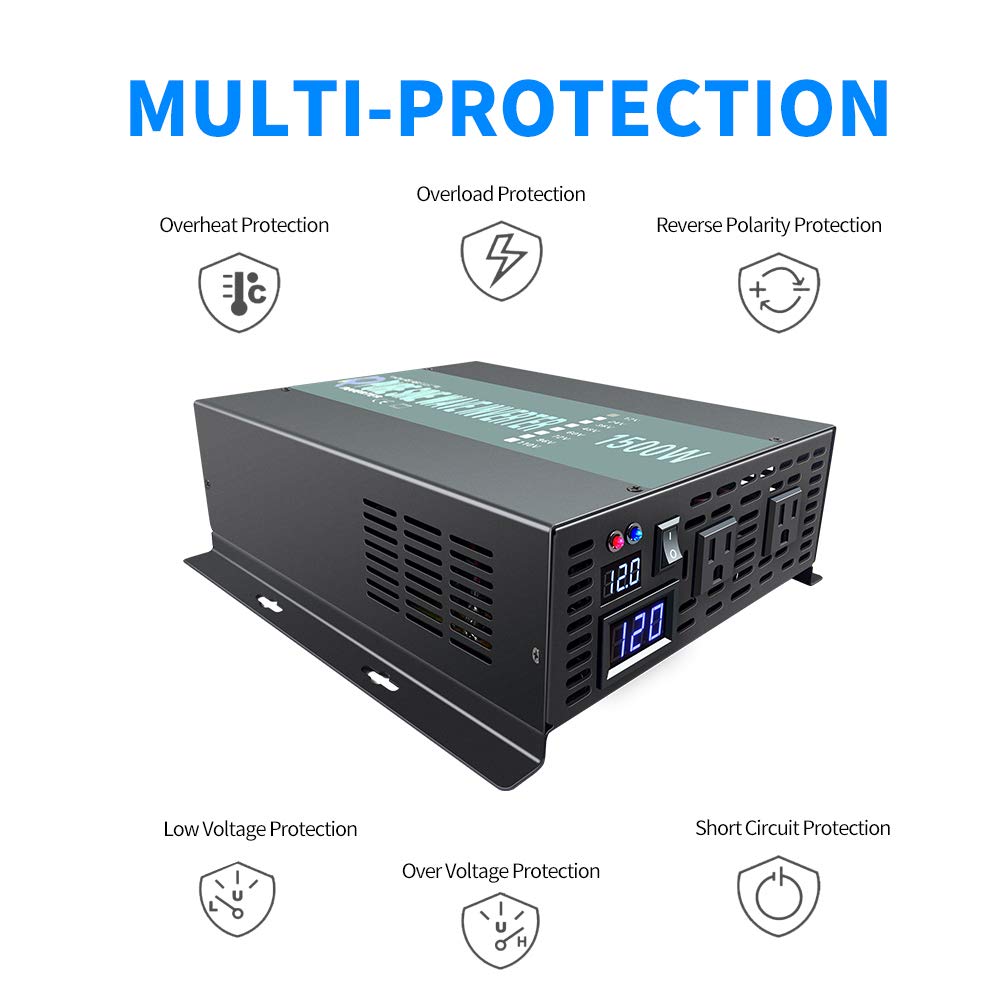 1500W Pure Sine Wave Power Inverter 12V DC to 120V AC with Remote Control - Solar Energy Converter for RV, Boat, Home & Off-Grid Power Supply