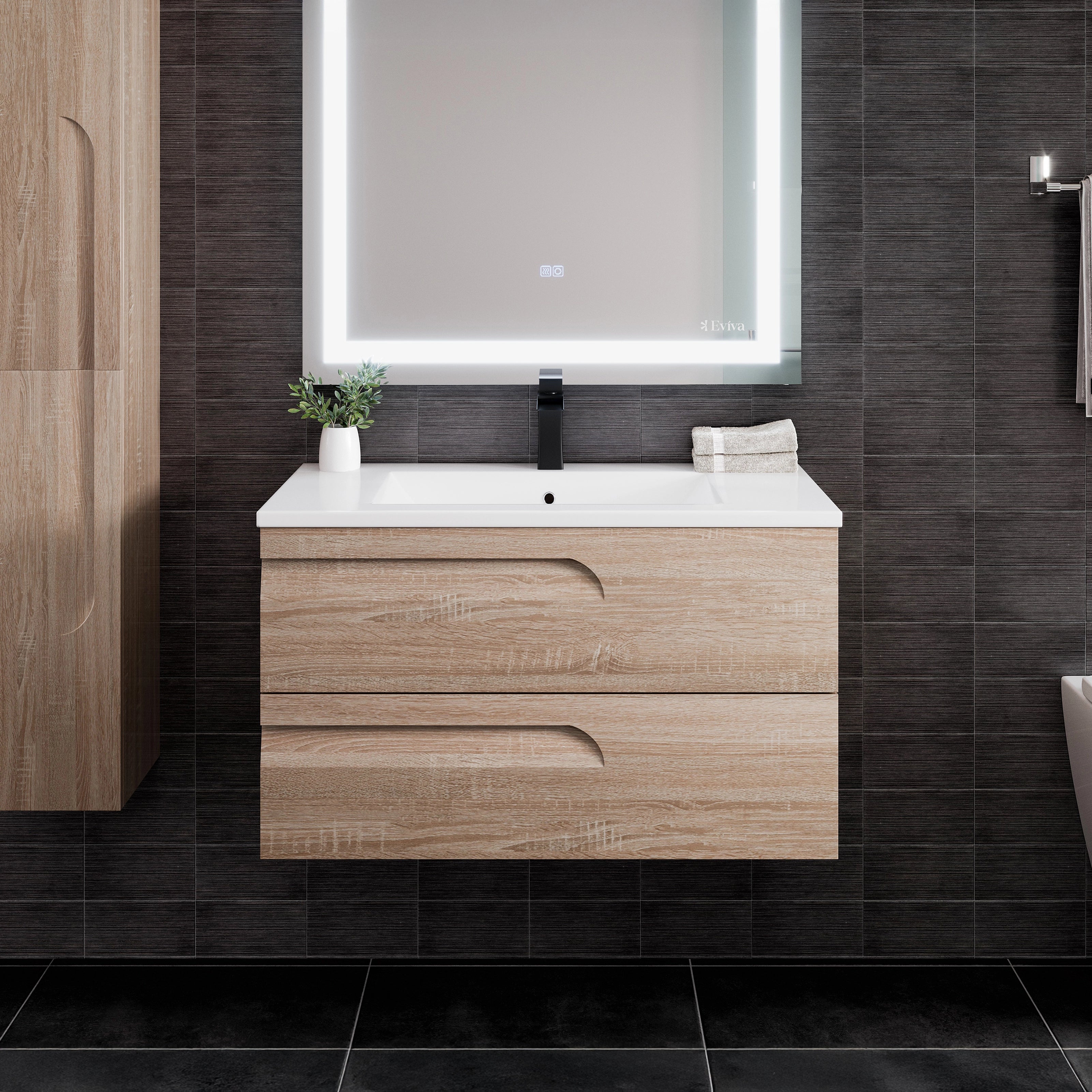36 Inch Maple Wood Wall Mount Bathroom Vanity with Porcelain Top & Integrated Sink - Single Sink Modern Bathroom Storage for Small Spaces, Powder Rooms & Apartments