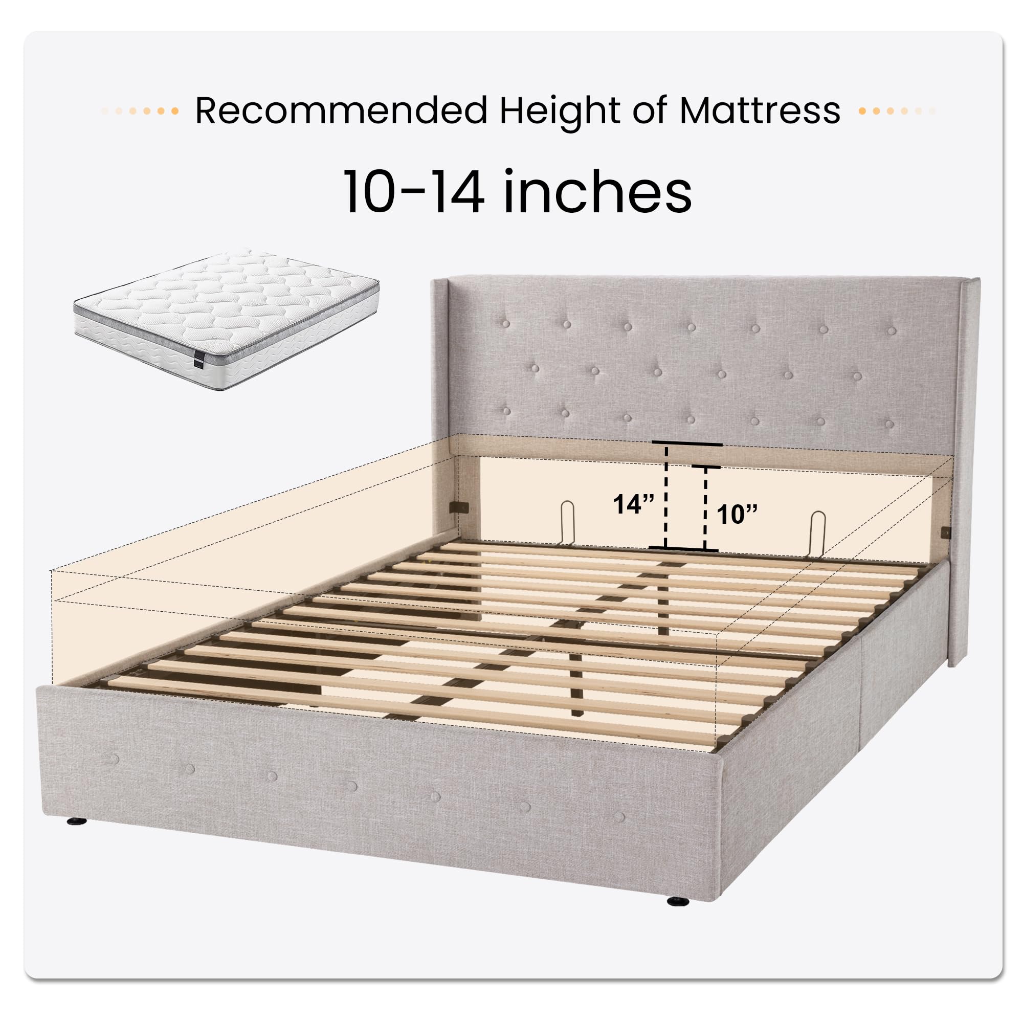 Queen Size Lift Up Storage Bed with Button Tufted Wingback Headboard - Hydraulic Storage Platform Bed Frame, No Box Spring Needed, Wood Slats Support in Light Beige | Perfect for Small Space Bedrooms, Guest Rooms & Modern Apartments