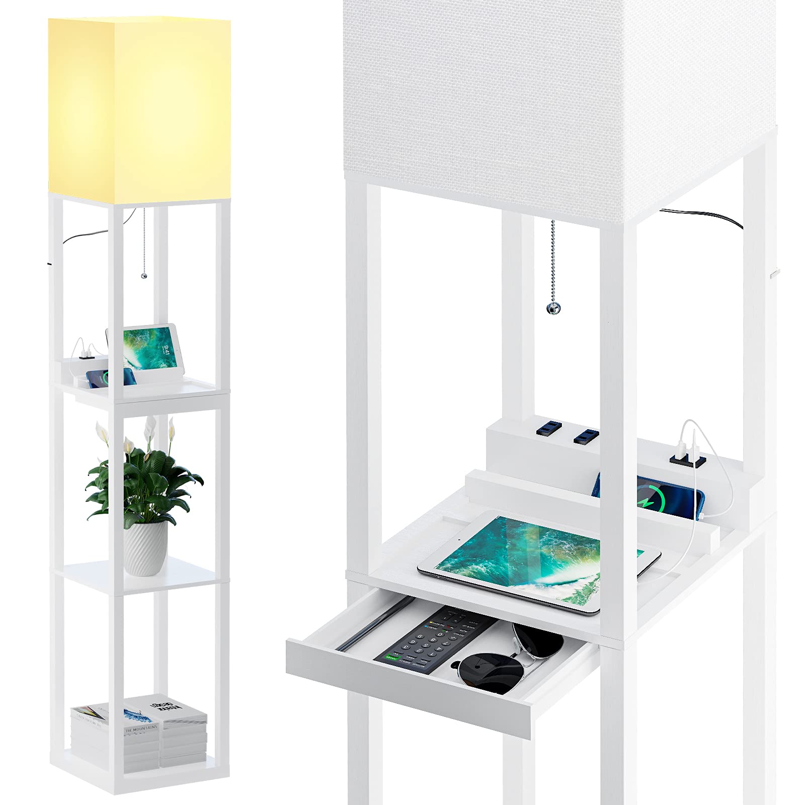 SUNMORY Adjustable Brightness Floor Lamp with Shelves - Modern Solid Wood Standing Lamp with Drawer, 2 USB Ports & 2 Power Outlets - Tall Corner Bookshelf Lighting for Living Room, Bedroom, Office Study (White) - Perfect for Reading, Working & Home Decor