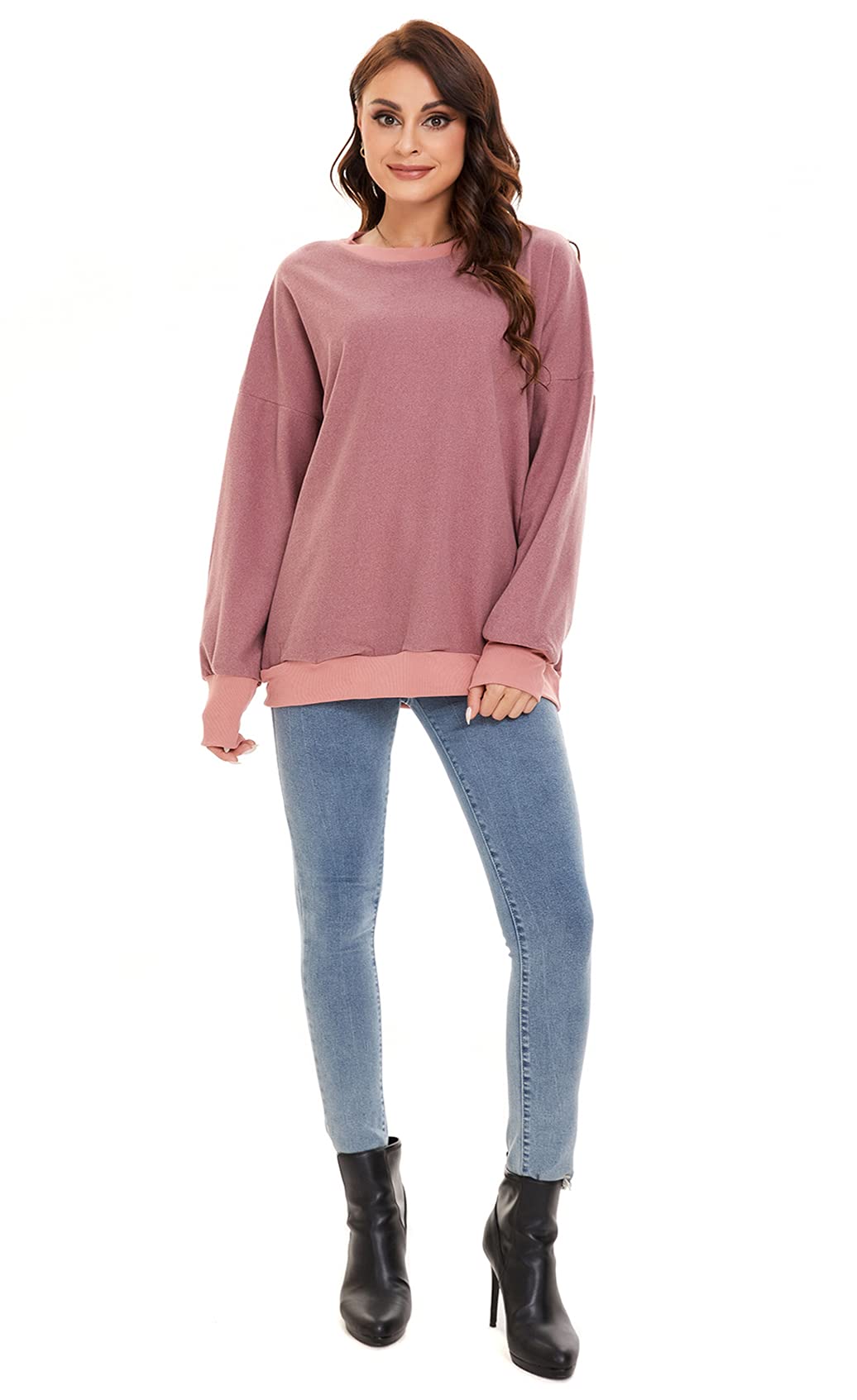 Women's Casual Long Sleeve Crewneck Sweatshirt - Solid Color Fall Tops for Everyday Wear, Lounge & Outfits