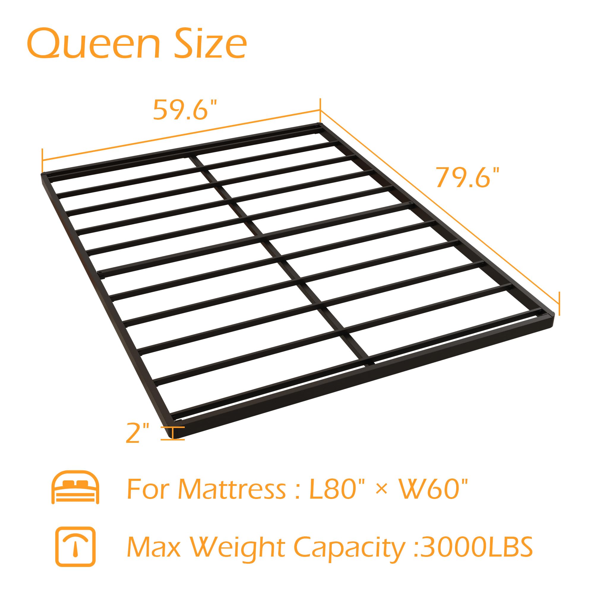 **Queen Size Low Profile 2 Inch Box Spring - Heavy Duty Metal Bed Base & Bunkie Board - Noise-Free Mattress Foundation for Easy Assembly - Black - Perfect for Bunk Beds, Trundle Beds & Platform Frames**