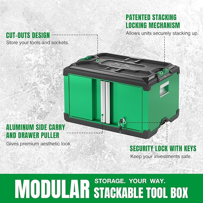 Modular Stackable Storage Tool Box with 2 Doors - Heavy Duty Steel Toolbox for Garage, Workshop & DIY Projects | Organize Tools, Hardware & Supplies