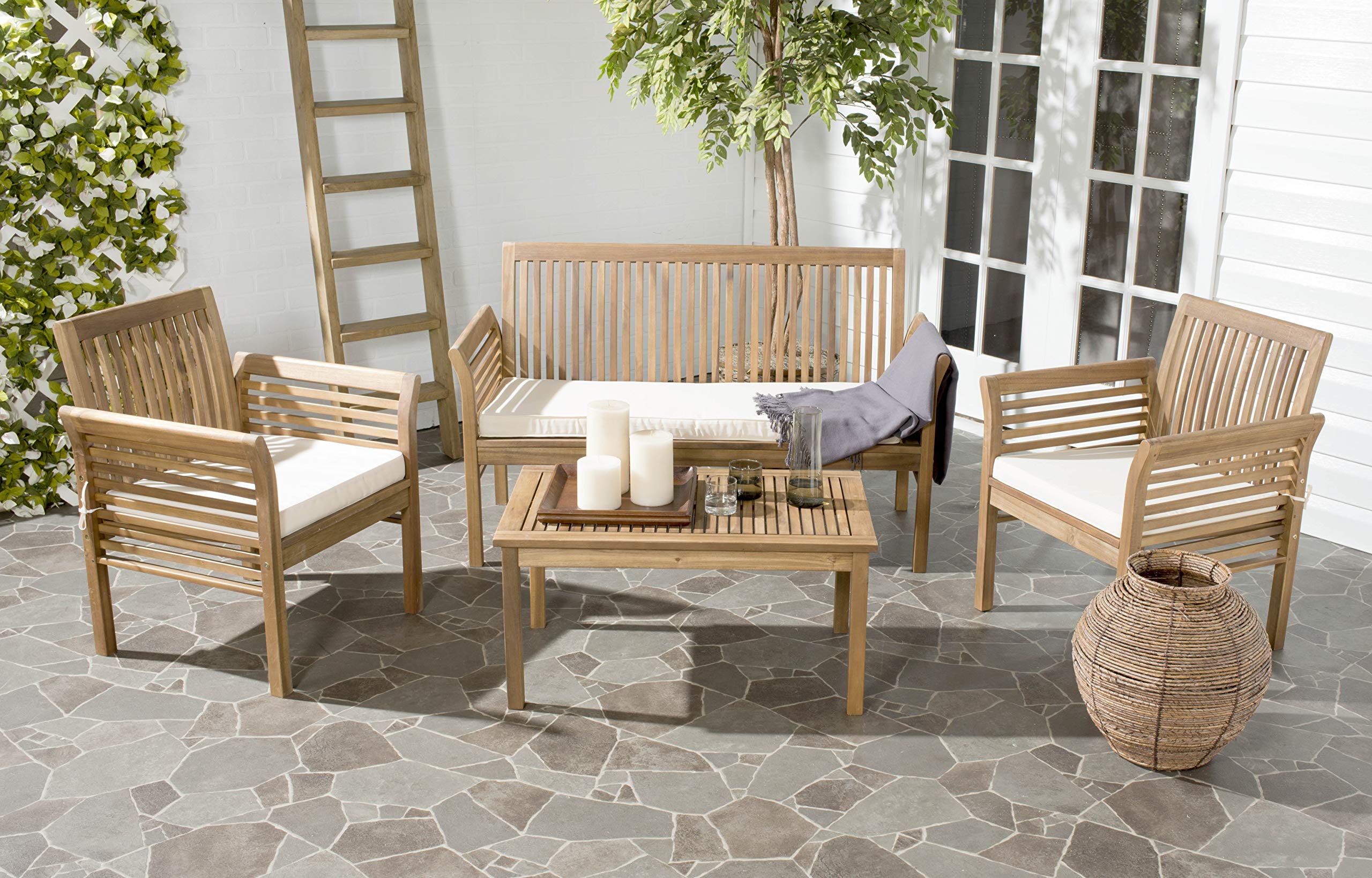 SAFAVIEH Outdoor Collection Carson Natural/Beige 4-Piece Patio Cushion Set for Conversation Area - Water-Resistant Outdoor Furniture Cushions for Garden, Poolside & Backyard Relaxation