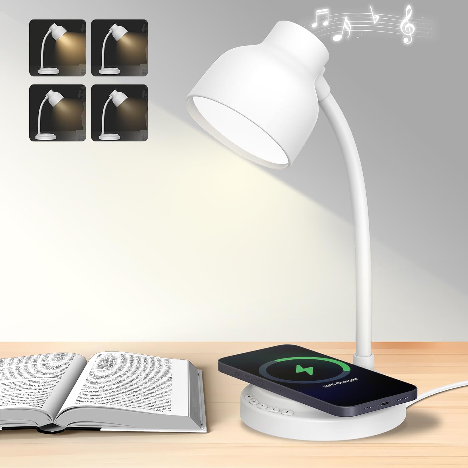 LED Desk Lamp with Bluetooth Speaker & 15W Wireless Charger - Adjustable Gooseneck Reading Light for Home Office, College Dorm, Bedside - White | Perfect for Studying, Working & Nighttime Reading