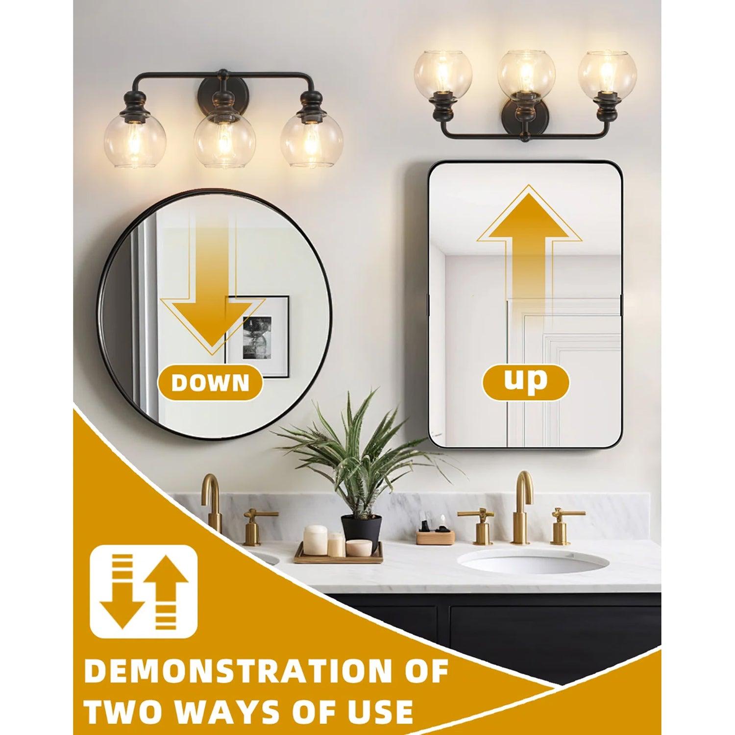 Modern Black Clear Glass 3-Light Bathroom Vanity Light - Perfect for Bathroom, Powder Room & Dressing Area Lighting