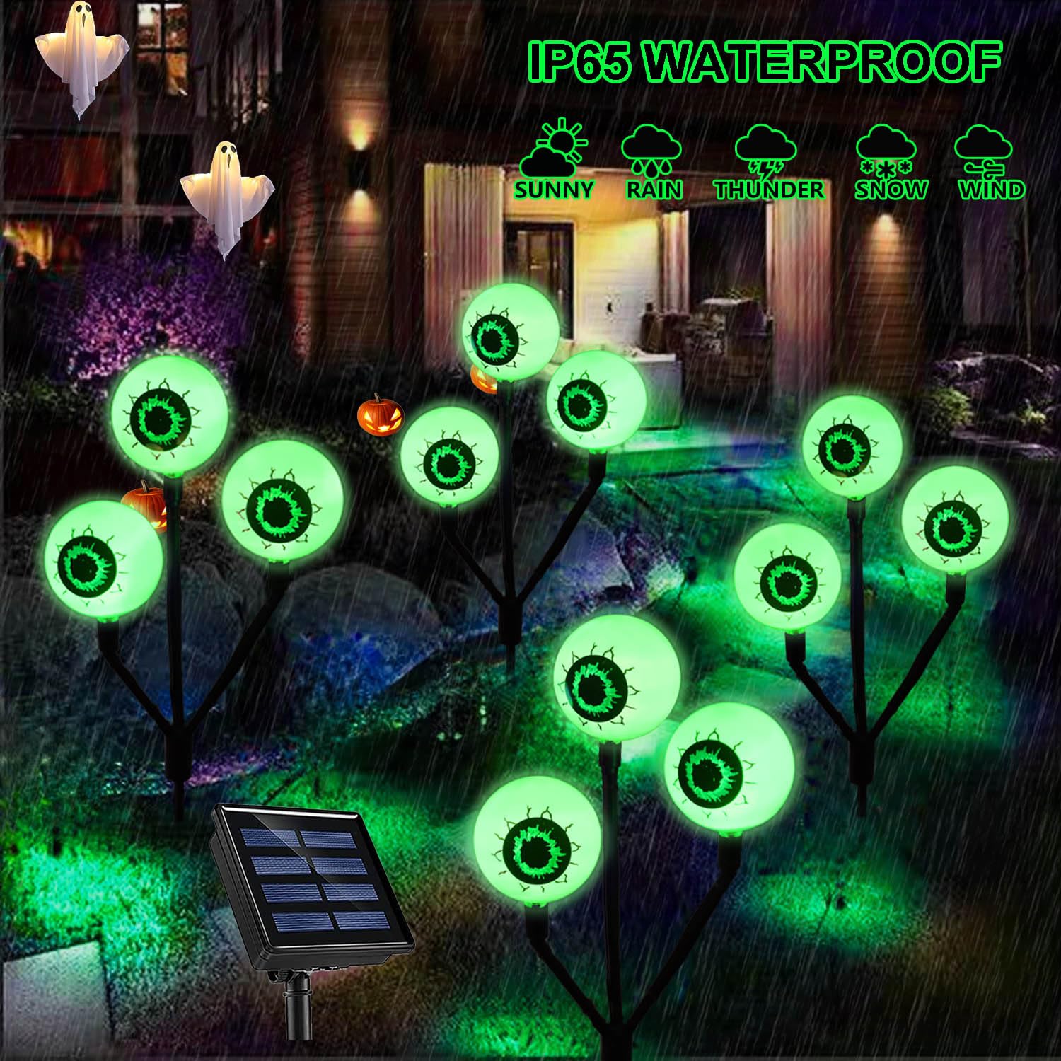 12 LED Solar Halloween Eyeball Lights - 4 Pack Big Green Outdoor Pathway Lights for Halloween Party, Yard, Tombstone Decorations | Spooky Atmosphere for Trick or Treat, Haunted House, and Halloween Night