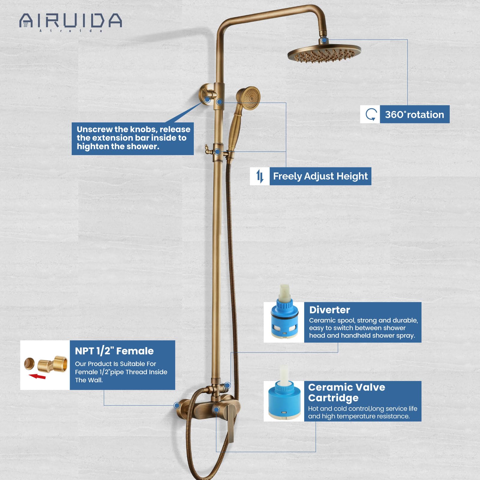 Antique Brass Exposed Pipe Shower System - 8 Inch Rainfall Shower Head with Single Handle Faucet | Adjustable Modern Dual Function Combo Set for Bathroom Remodeling & Spa-Like Shower Experience