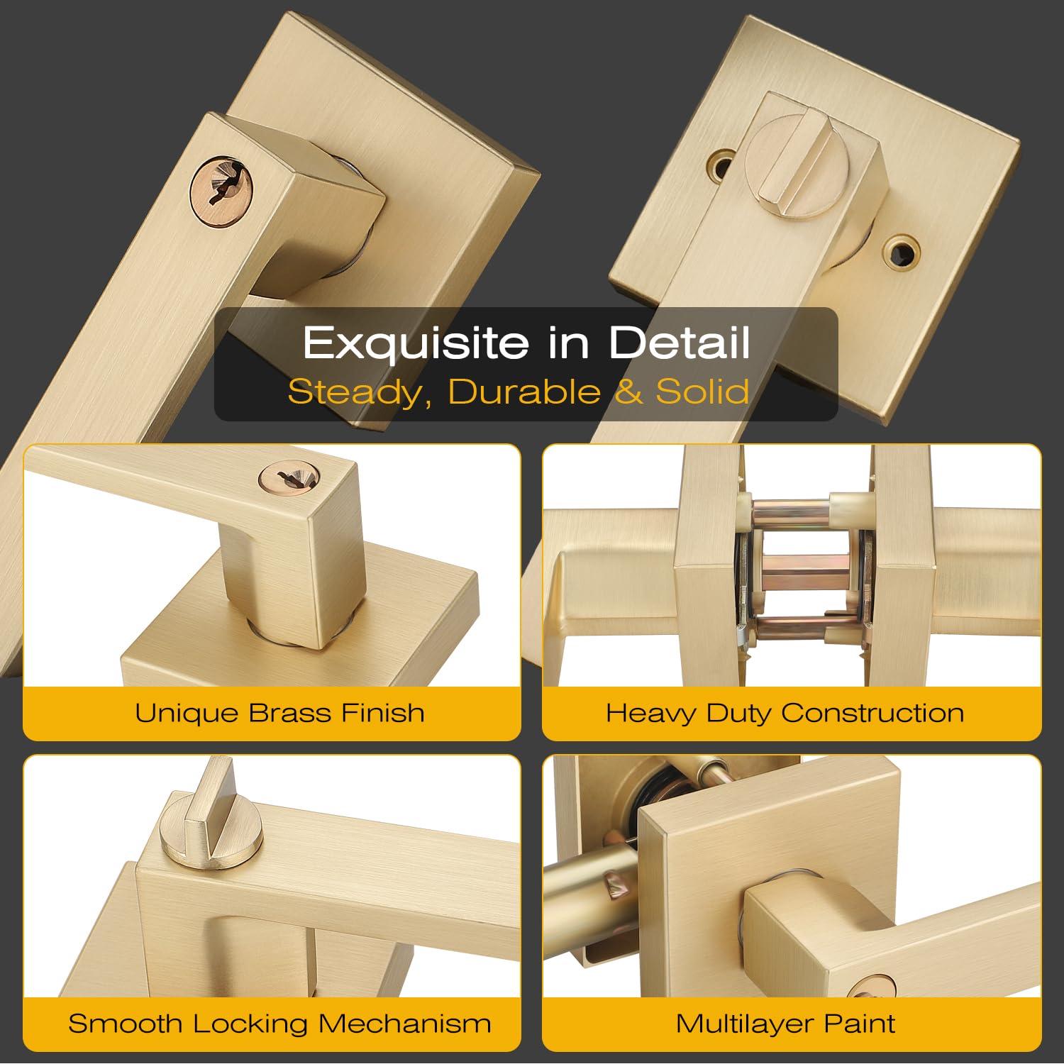EHOMEWARE 4 Pack Keyed Alike Entry Door Handles with Lock - Gold Door Lever Set for Indoor & Outdoor Use - Bedroom, Bathroom & Exterior Doors - Includes Keys for Home Security & Convenience