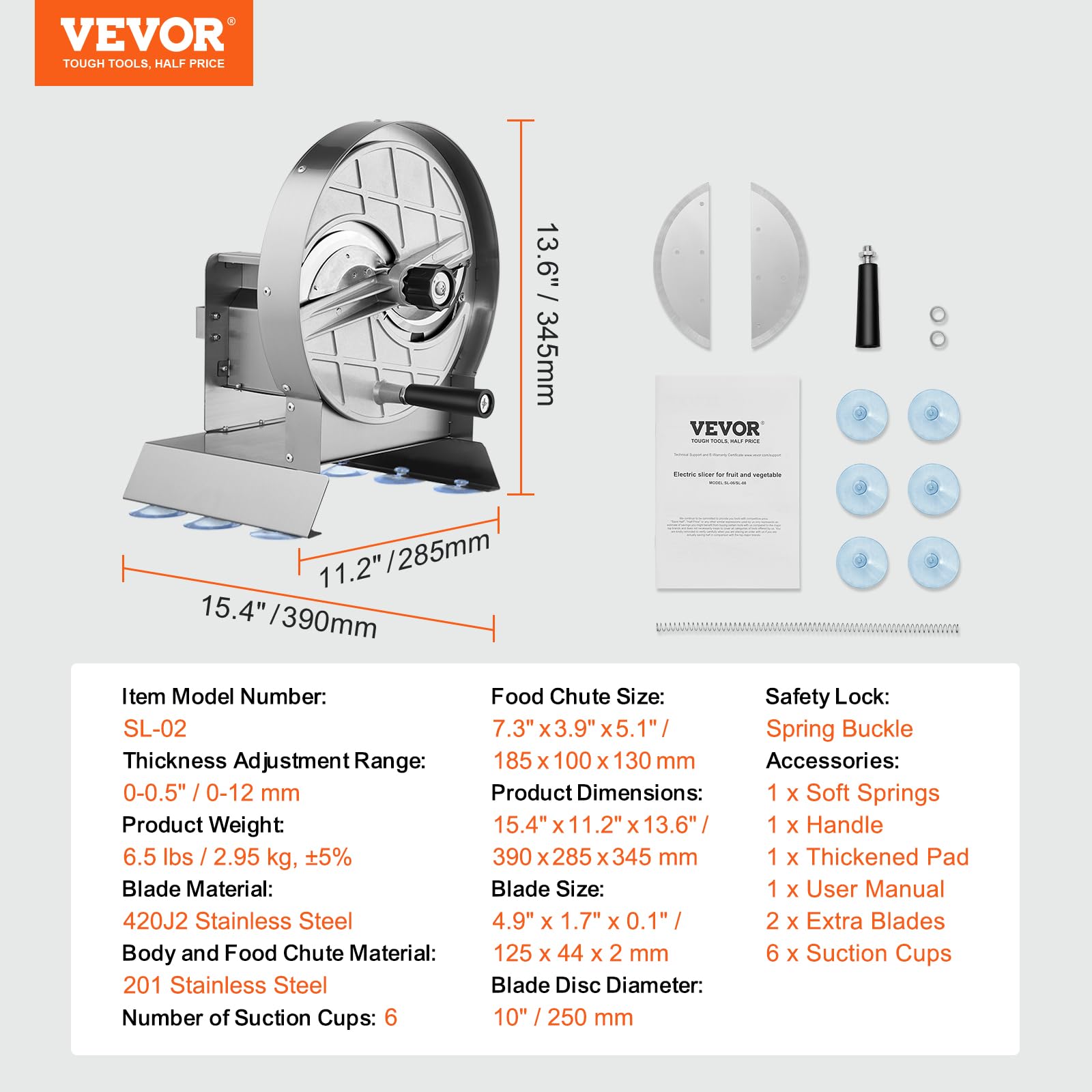 VEVOR Adjustable Stainless Steel Vegetable & Fruit Slicer - 0-12mm Thickness Commercial Food Cutter with 2 Blades - Perfect for Potatoes, Cucumbers, Tomatoes - Ideal for Restaurants, Catering & Home Kitchen Prep