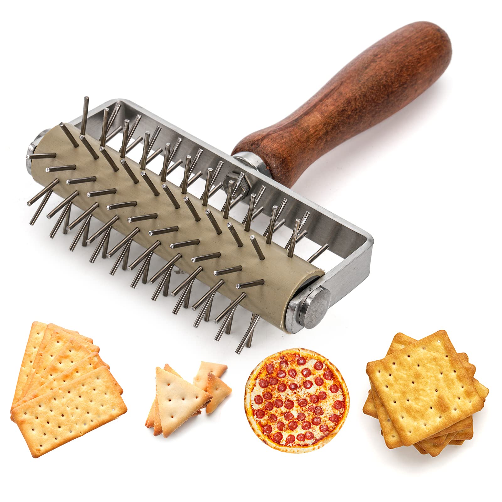 Hiceeden Set of 2 Stainless Steel Pizza Dough Roller & Dough Docker - Wooden Rolling Pin for Perfect Pizza, Cookies, Pies, Pastries & Bread Crust | Ideal for Home Baking, Restaurant & Commercial Kitchen Use