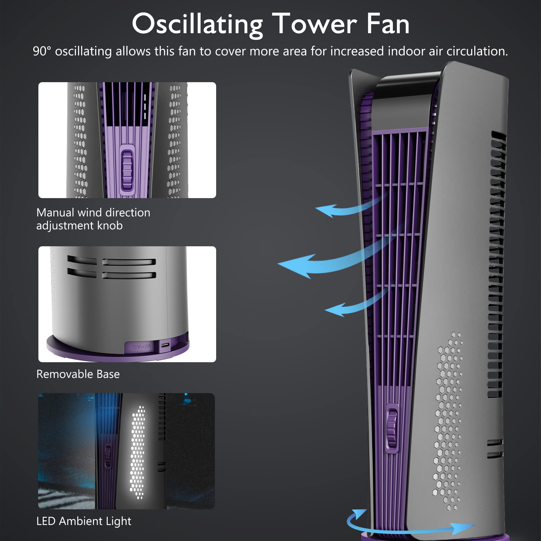 10000mAh Rechargeable Bladeless Tower Fan - Ultra Quiet 3-Speed Oscillating Floor Fan with 180° Rotation, Timer & LED Night Light for Bedroom, Office, Home - Portable Desk Cooling Fan for Summer, Sleeping, Work