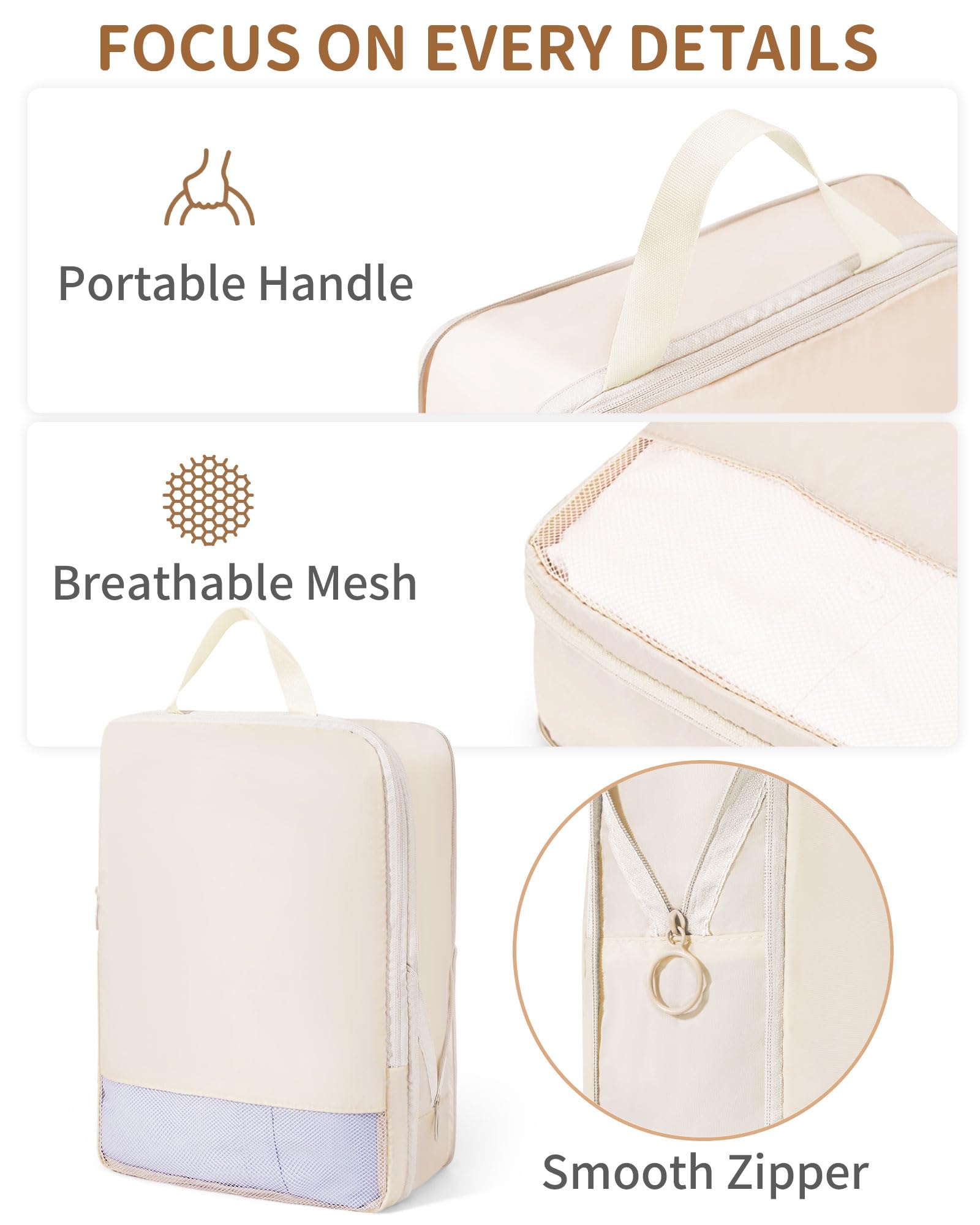 11-Piece Compression Packing Cubes Set - Expandable Luggage Organizer Bags for Travel | Suitcase Storage Solution | Perfect for Business Trips, Vacations & Weekend Getaways (Beige)