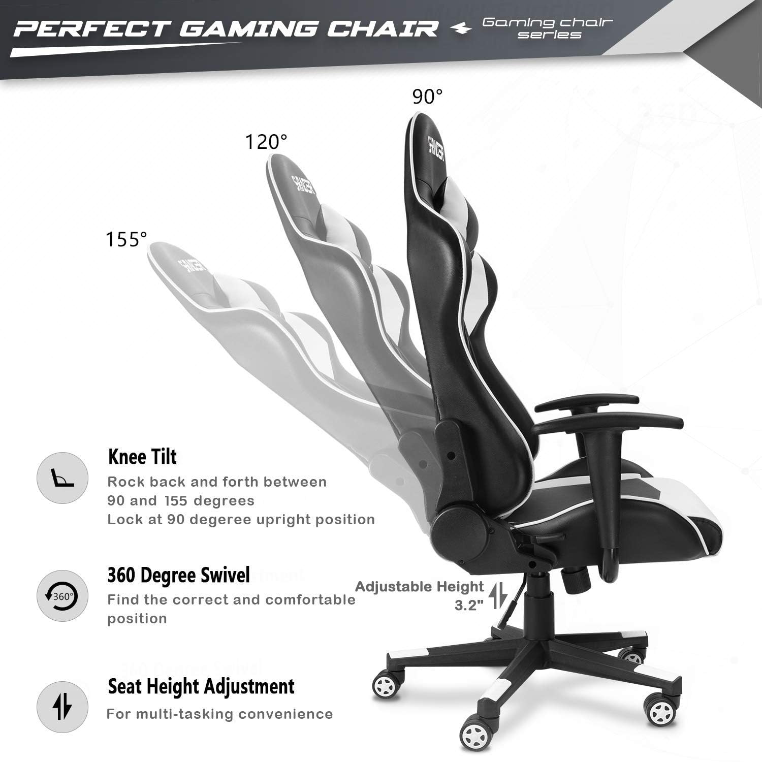 Furniwell Ergonomic Gaming Chair - High Back PU Leather Office Chair with Adjustable Headrest & Lumbar Support, Swivel Computer Desk Chair for Home & Office Use (White) - Perfect for Gaming, Working & Studying