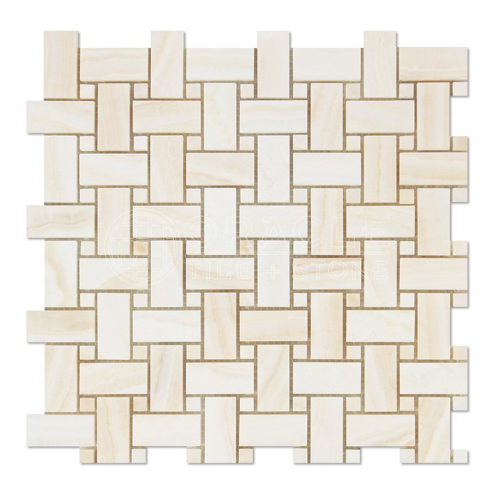 Premium White Onyx Basketweave Mosaic Tile with Polished Dots - Vein-Cut Natural Stone for Bathroom Backsplash, Kitchen Wall, and Shower Floor - Box of 5 Sheets (12x12 Inch)