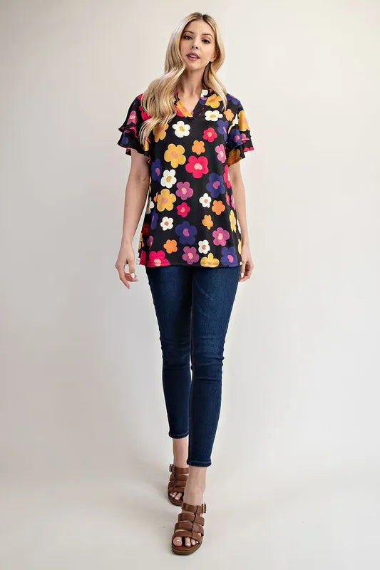 Celeste Bold Floral Print Ruffle Sleeve Blouse for Women | Elegant Party & Date Night Top | Summer Casual & Formal Occasion Wear