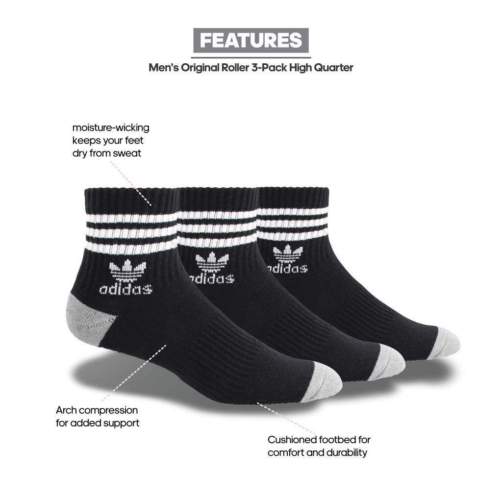 adidas Originals Men's Roller High Quarter Socks 3-Pack - Breathable Athletic Socks for Running, Basketball & Casual Wear - Black/White/Gray