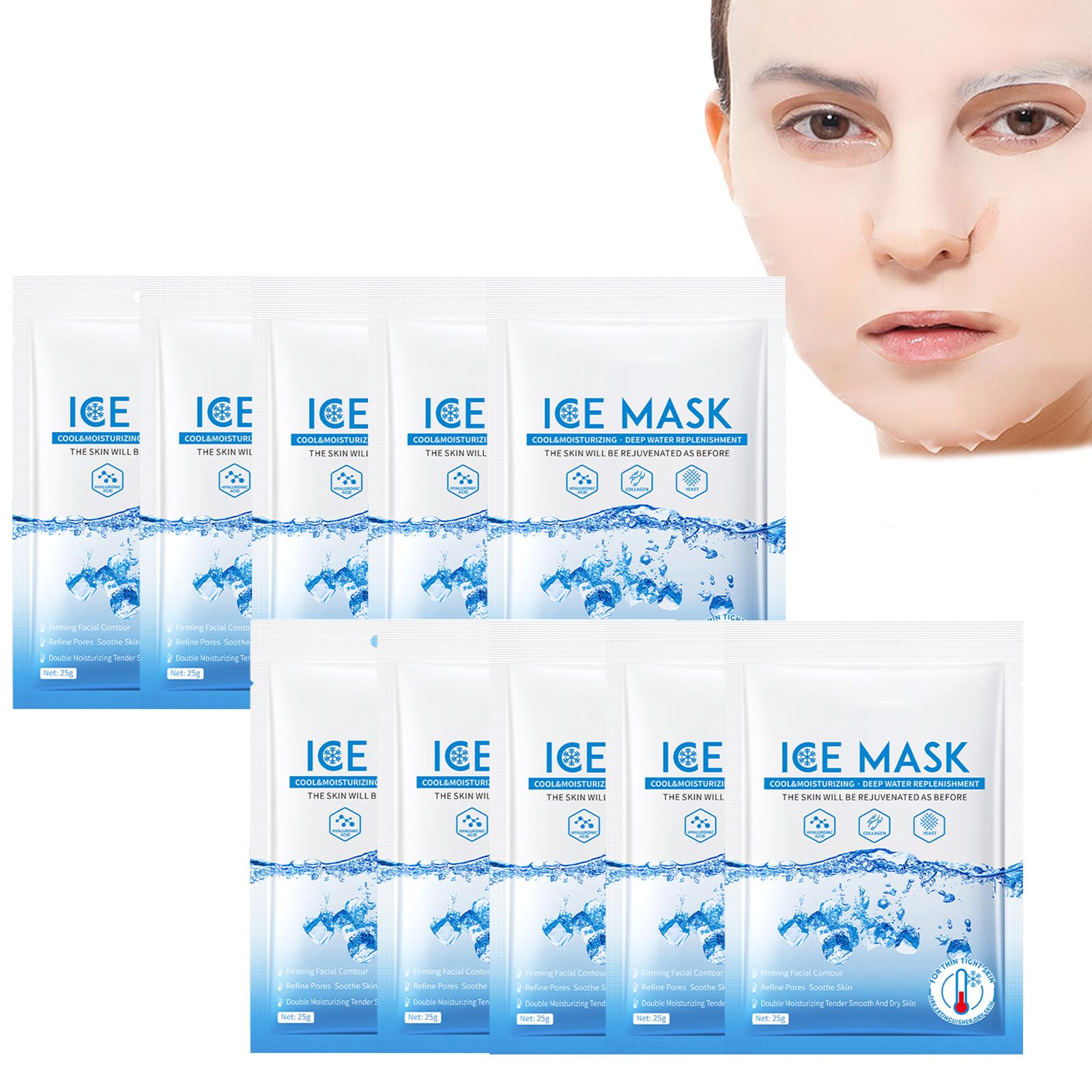 Ice Gel Face Mask for Cooling & Hydration - Korean Collagen Sheet Mask with Acid for Women's Skincare | Soothes Sunburn, Redness & Puffiness (10 Pack) - Perfect for Post-Workout, Travel & Morning Routine