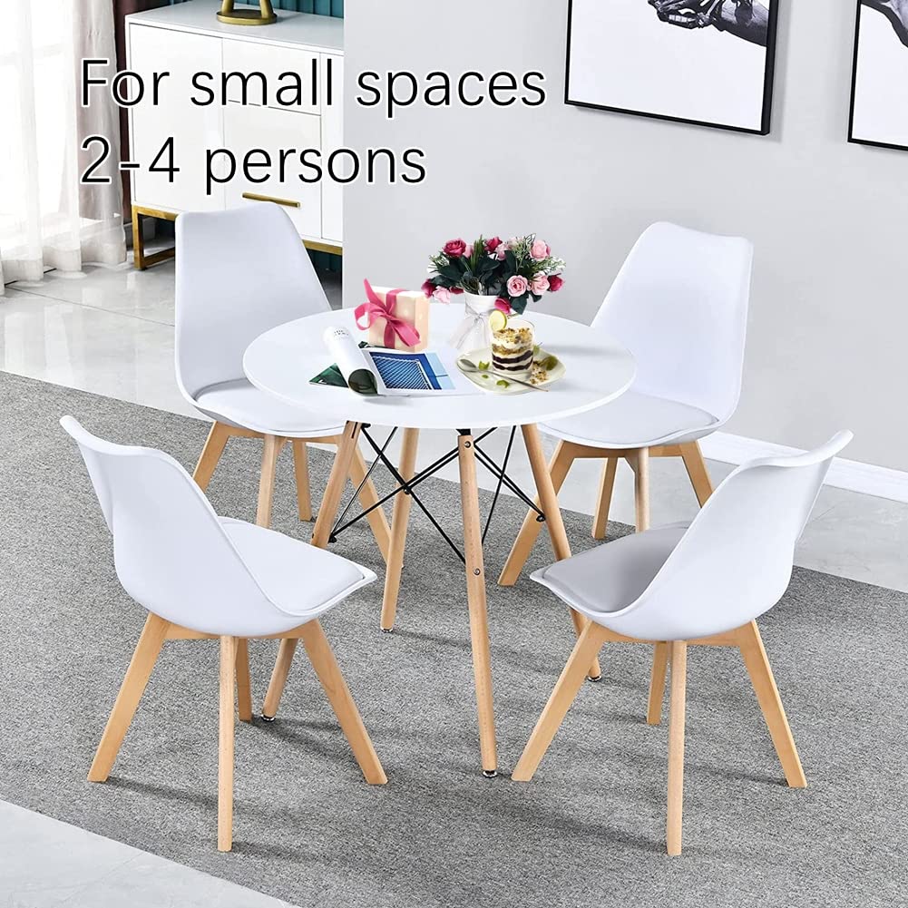 Modern Round White Dining Table with Wooden Legs - Space-Saving Kitchen, Living Room & Office Desk - Perfect for Family Dinners, Home Office & Small Apartments - Stylish Home Decor & Guest Entertaining - Great for Breakfast Nooks, Studio Apartments & Open Floor Plans - Ideal for Dining Rooms, Kitchen Islands, and Small Space Decorating
