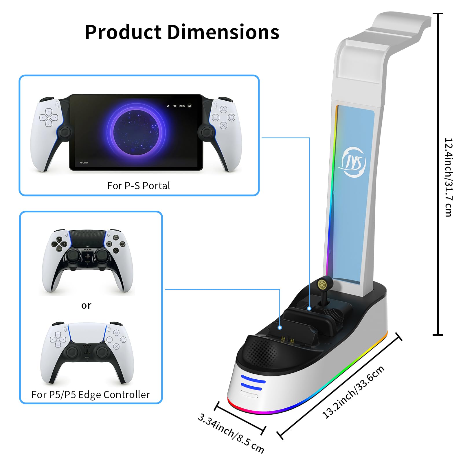 JOYTORN PS Portal Charging Station - 3A Fast Charging Dock for PlayStation Portal Remote Player & PS5 Controller with RGB Light & Headset Holder | Perfect for Gaming Setup & Travel Accessories