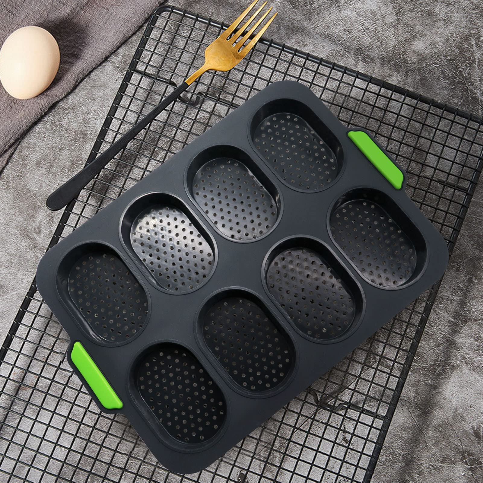 Non-Stick Silicone Mini Baguette Baking Tray - 8 Loaf Perforated Bread Mold Pan for Homemade French Bread (Dark Gray) | Perfect for Baking, Meal Prep & Gift Giving