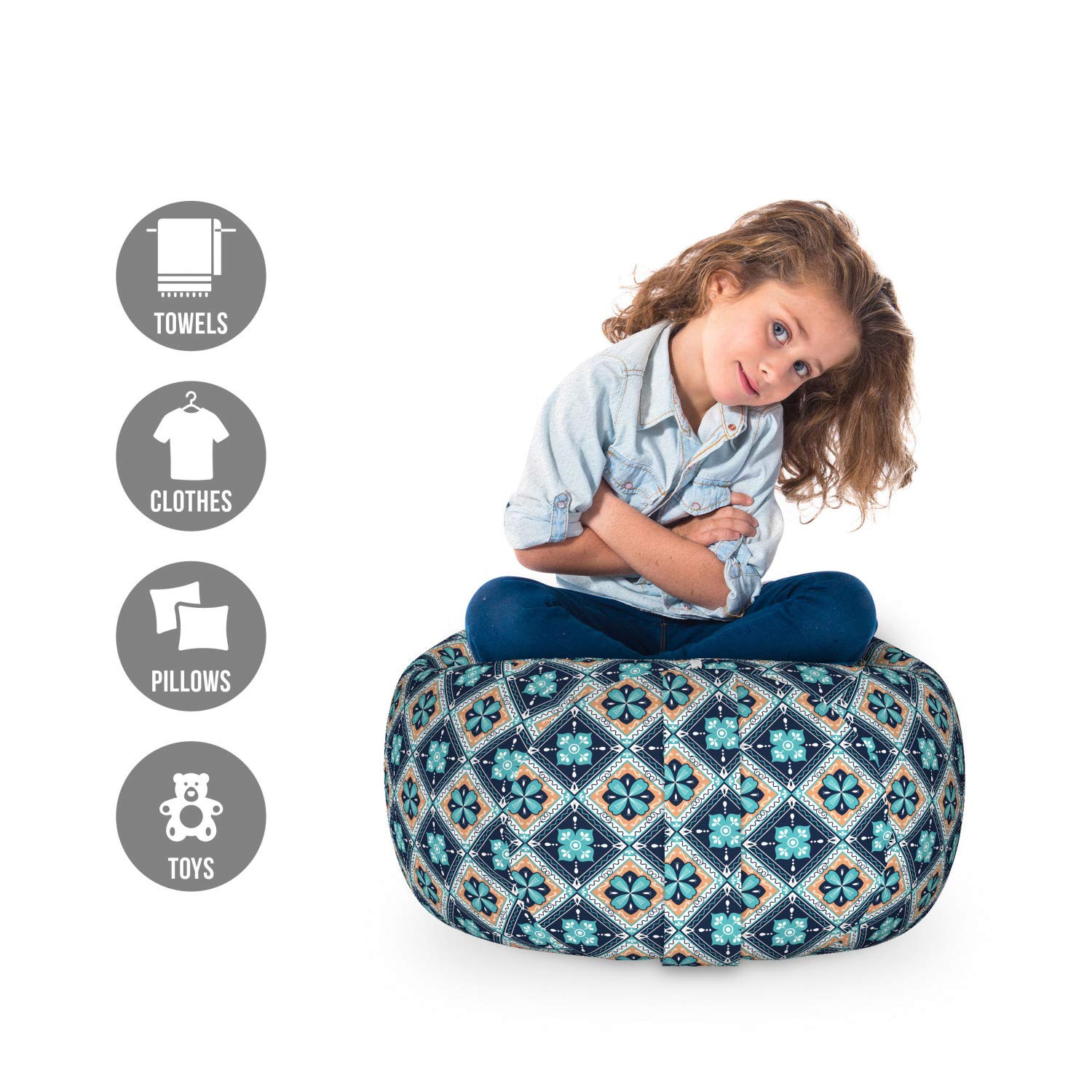 Ambesonne Boho Storage Toy Bag Chair - Floral Square Pattern Stuffed Animal Organizer, Washable Small Size in Pale Orange & Night Blue | Kids Room Decor, Nursery Storage, Playroom Organization