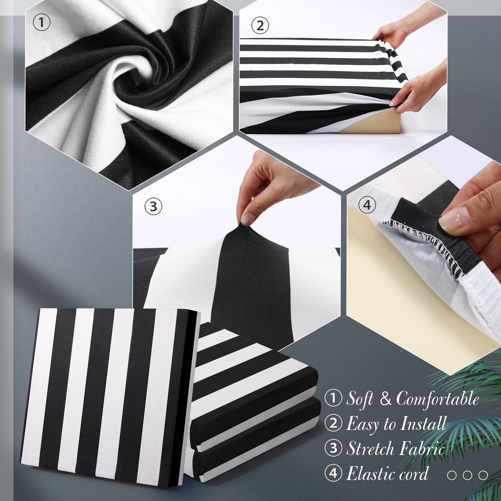 8-Piece Stretch Patio Cushion Covers - Striped Outdoor Furniture Slipcovers for Sofa, Chair & Seat - Soft Flexible Protector (Black & White) - Perfect for Deck, Porch, Poolside & Garden Furniture Protection