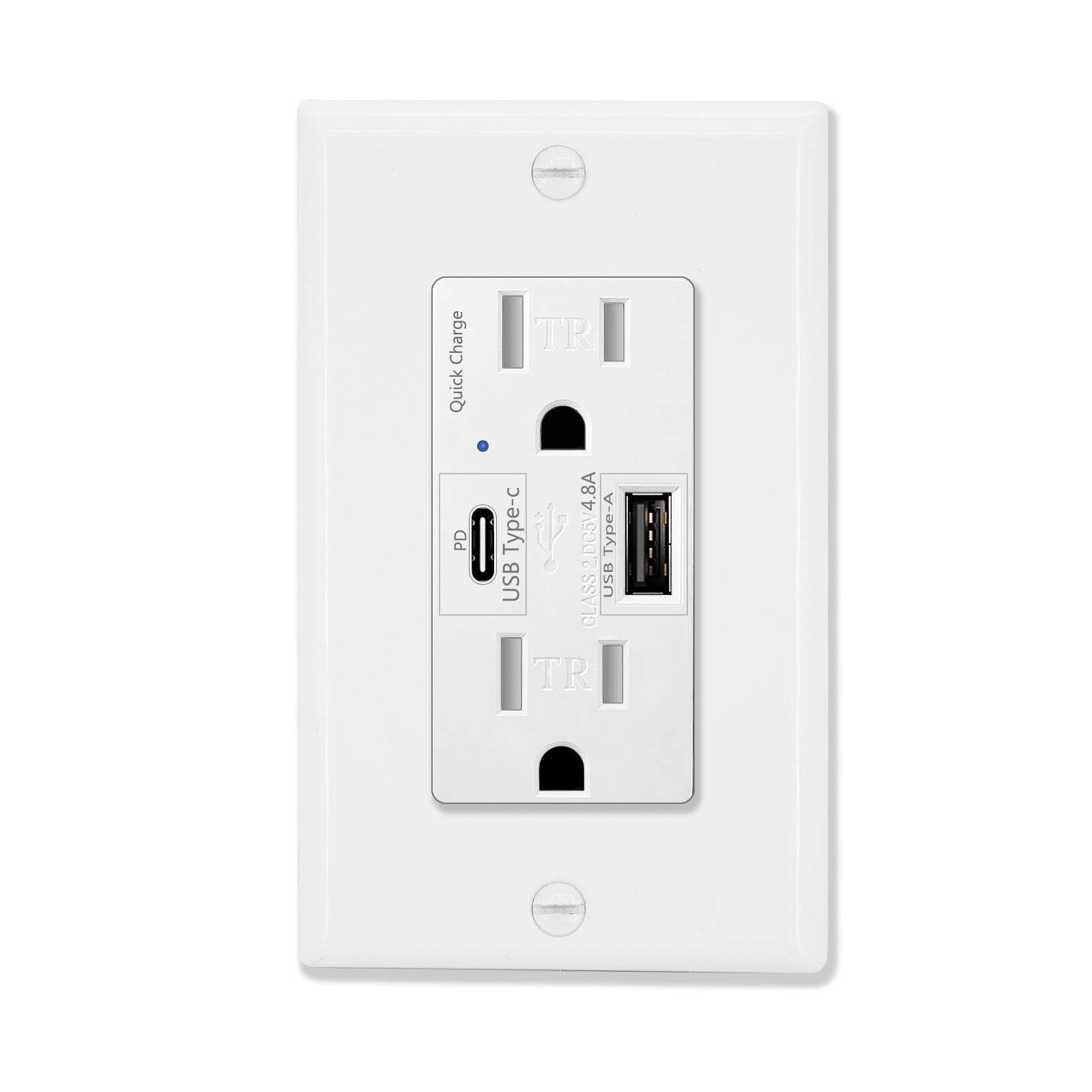 Fast Charge USB C Outlet 24W PD - 4.8A USB A/C Ports - Wall Mount for Home & Office